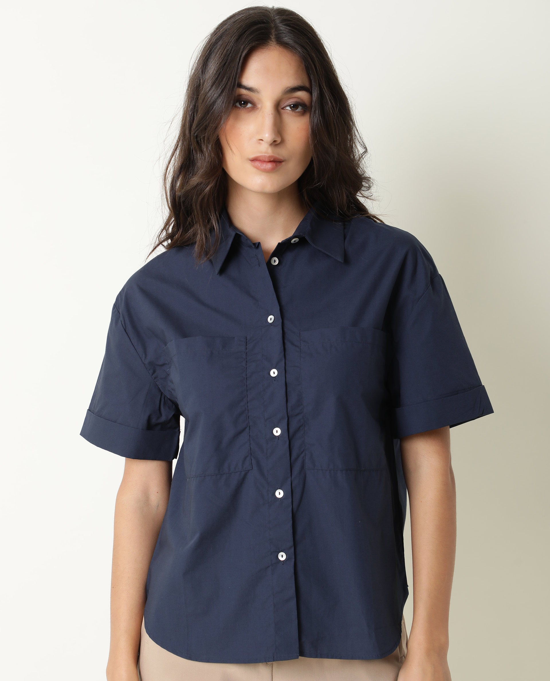 Rareism Women Vesh Navy Cotton Fabric Regular Fit Shirt Collar Half Sleeves Solid Top