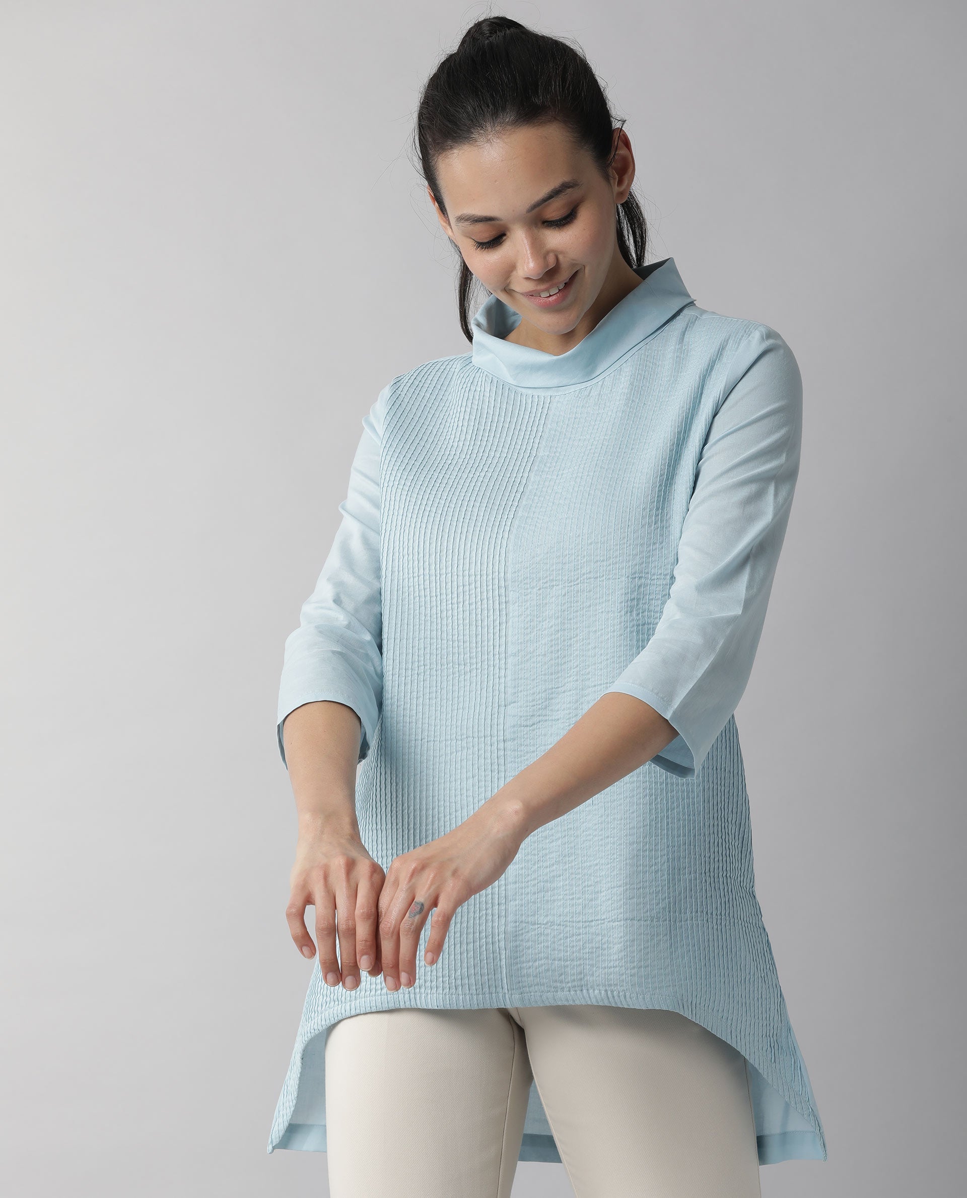 Rareism Women Printol Blue Cotton Fabric Regular Fit Turttle Neck 3/4Th Sleeves Ribbed Top