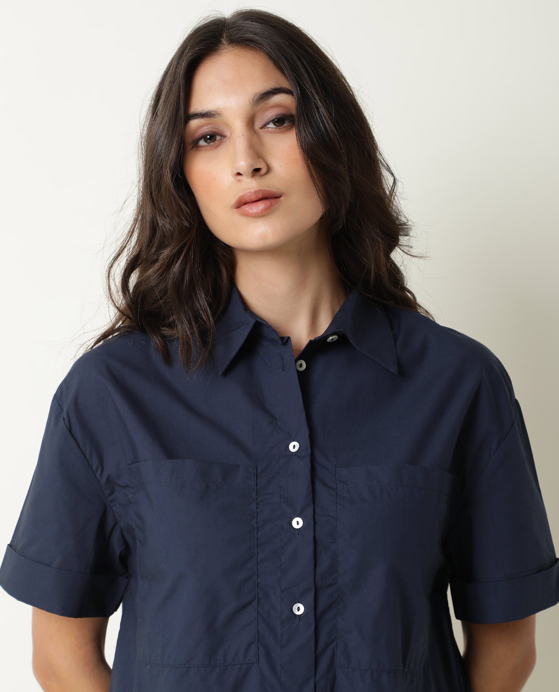 Rareism Women Vesh Navy Cotton Fabric Regular Fit Shirt Collar Half Sleeves Solid Top