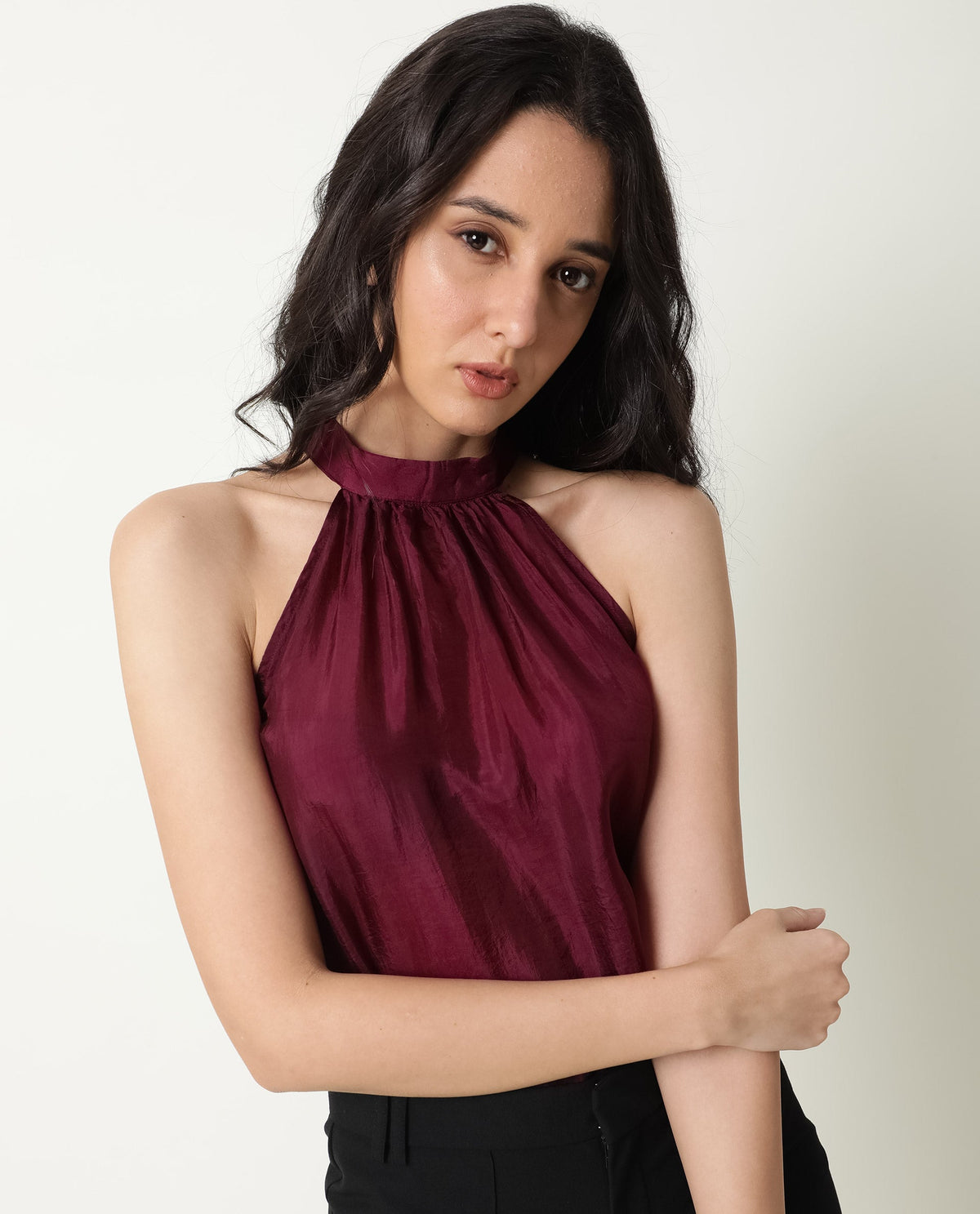 Rareism Womens Sahano Maroon Top Poly Viscose Fabric  Sleeveless Halter Neck