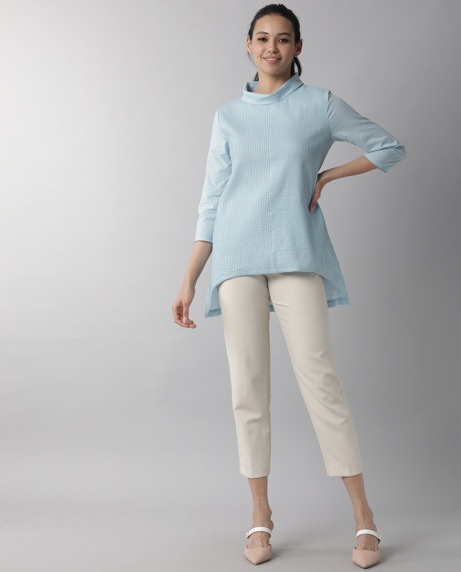 Rareism Women Printol Blue Cotton Fabric Regular Fit Turttle Neck 3/4Th Sleeves Ribbed Top