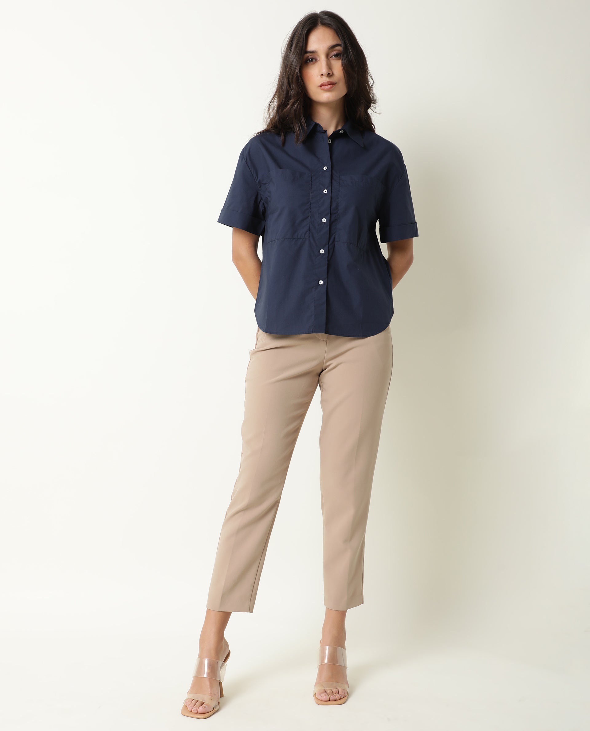 Rareism Women Vesh Navy Cotton Fabric Regular Fit Shirt Collar Half Sleeves Solid Top