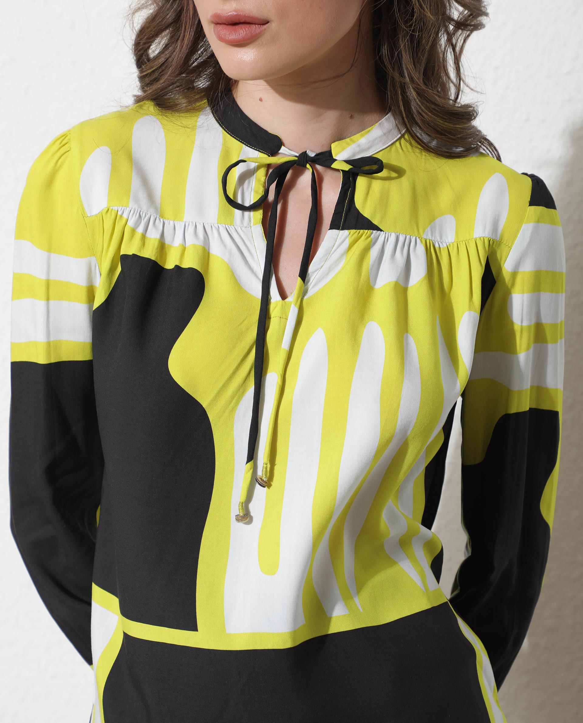 Rareism Women Vito Navy Viscose Fabric Slim Fit Key Hole Neck Full Sleeves Abstract Print Top