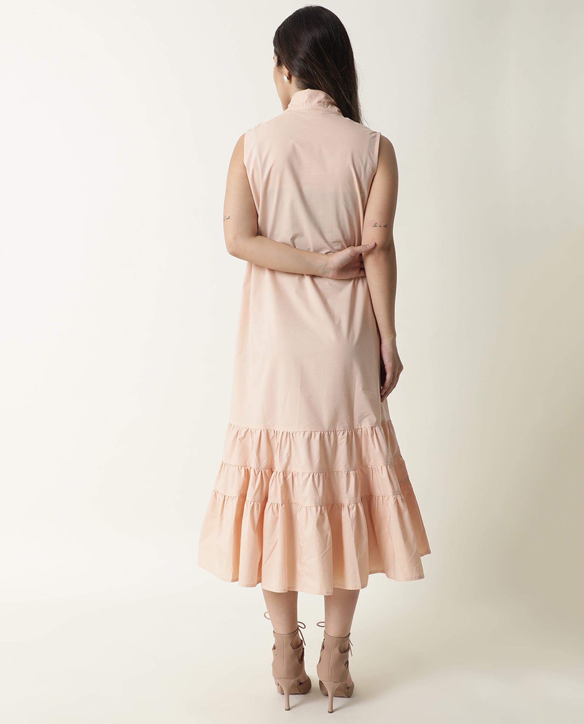 Rareism Women Gino Light Peach Tie Up Neck Sleeveless With Ruffled Hem And Pockets Maxi Dress