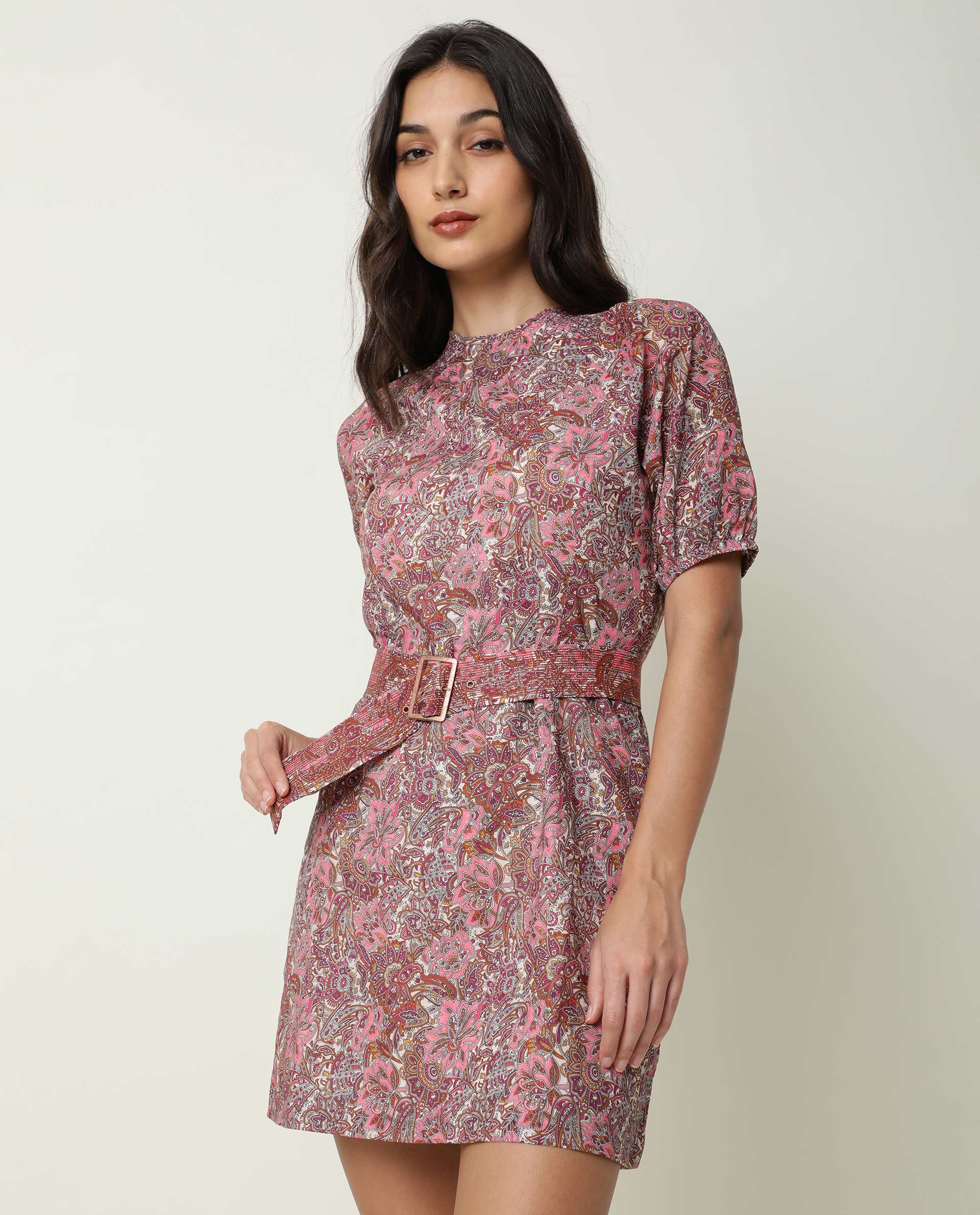 Rareism Women Palesa Pink Paisley Print Closed Round Neck Raglan Puff Sleeves Fabric Waist Belt Mini Dress