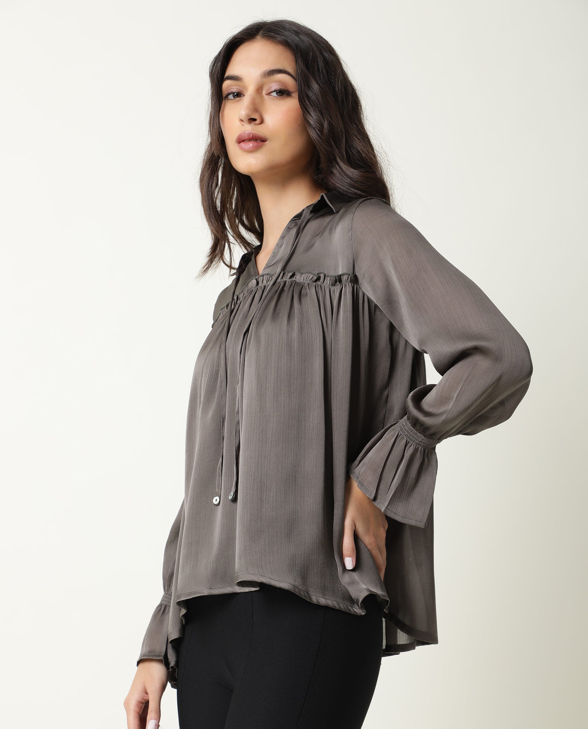 Rareism Womens Poetess Grey Top Polyester Fabric  Full Sleeve Key Hole Neck