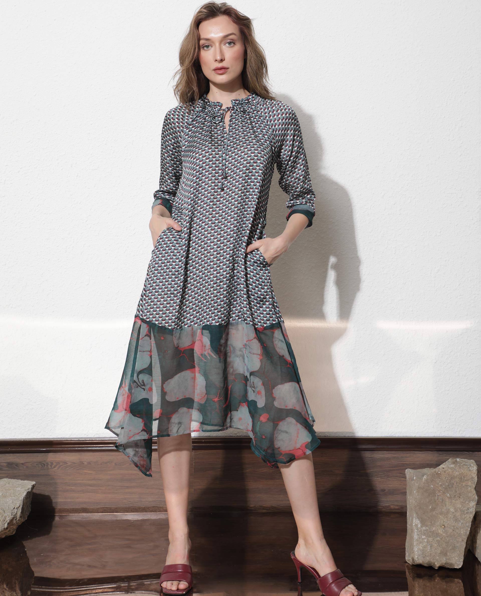Rareism Women Nadia Multi Shirt Collar Half Sleeves Front Button Placket And Tie Up Midi Dress