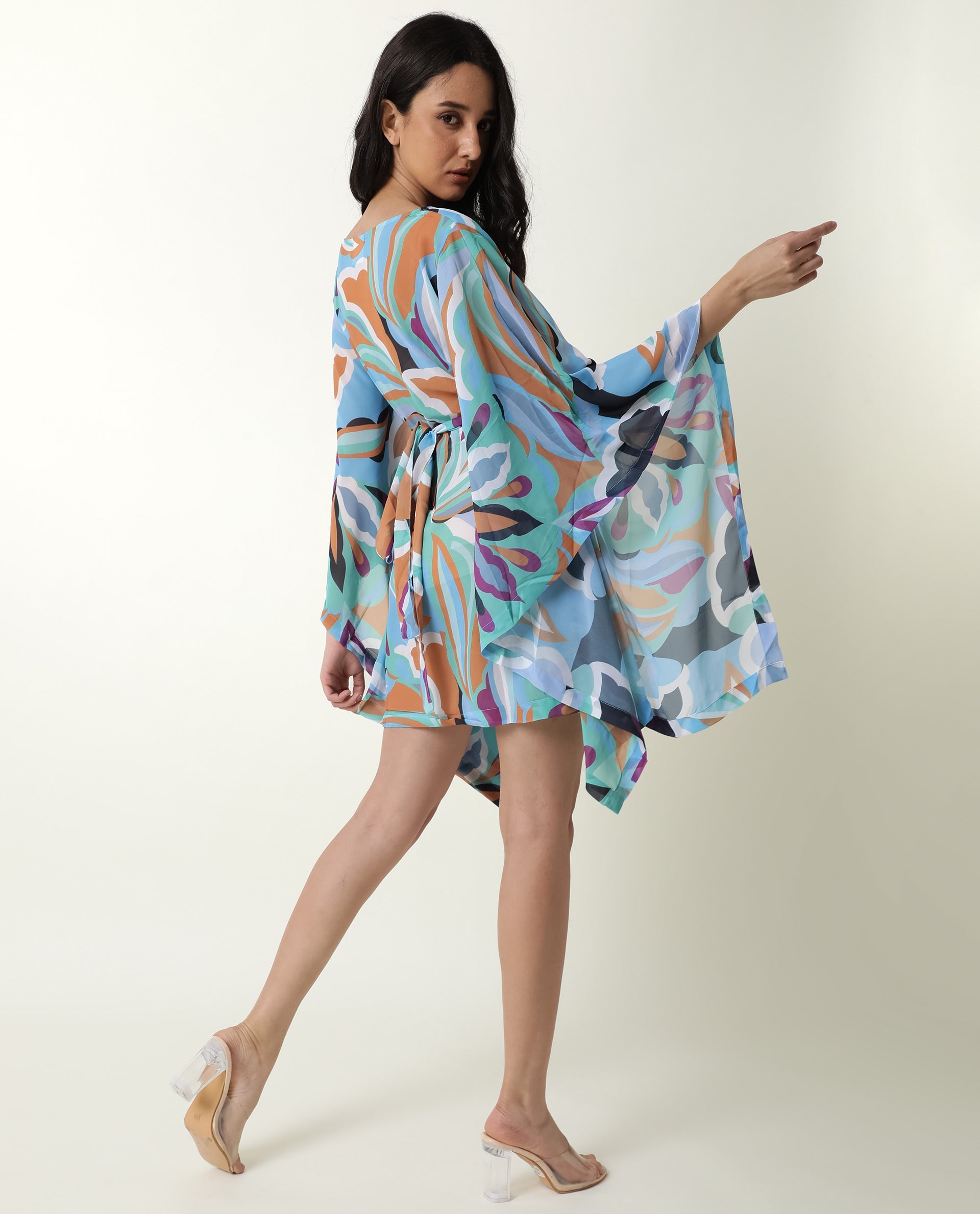 Rareism Women Meevio Multi Abstract Print Boat Neck Flared Sleeves Mini Dress