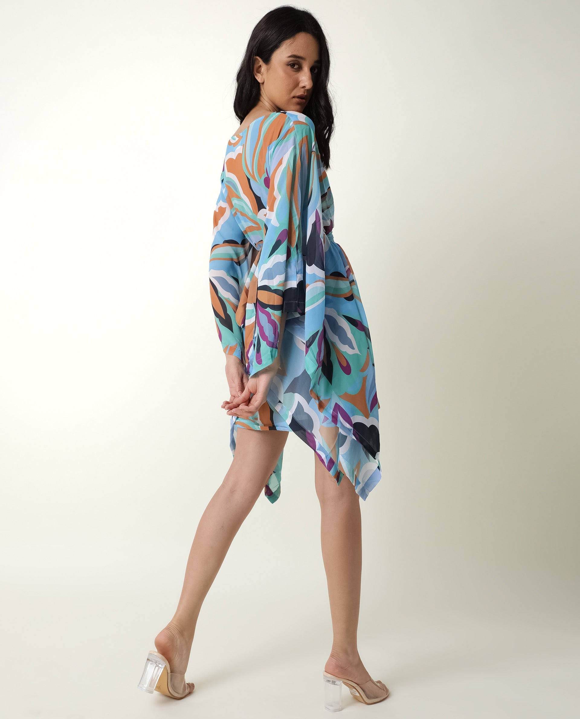 Rareism Women Meevio Multi Abstract Print Boat Neck Flared Sleeves Mini Dress