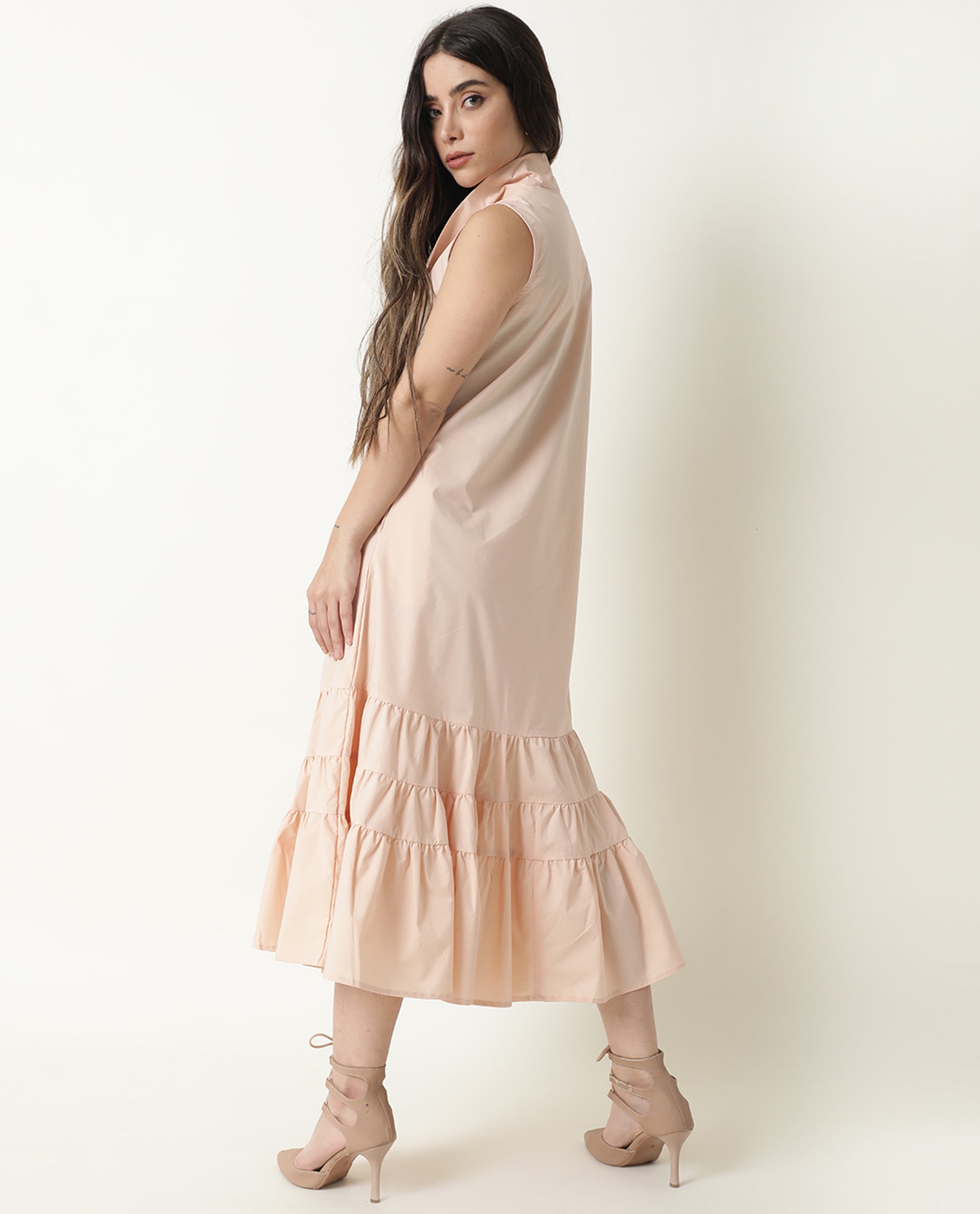 Rareism Women Gino Light Peach Tie Up Neck Sleeveless With Ruffled Hem And Pockets Maxi Dress
