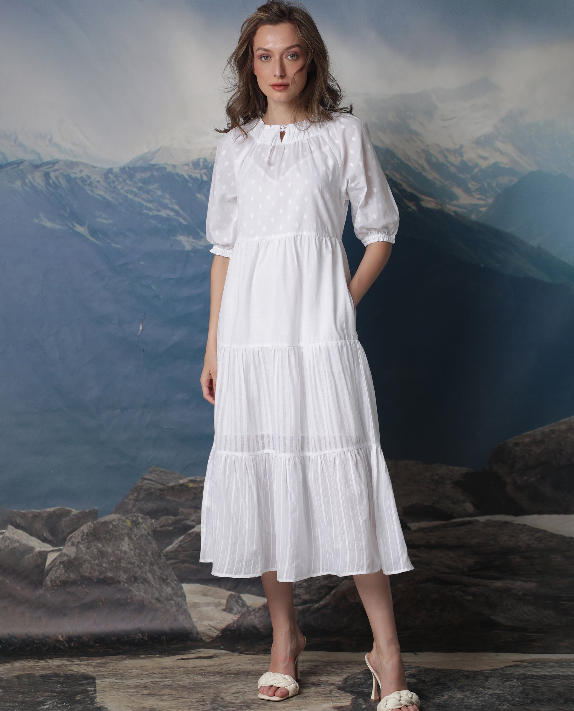 Rareism Women's Myle White Cotton Tie-Up Neck Plain Puff Sleeves Knee Length Regular Fit Dress