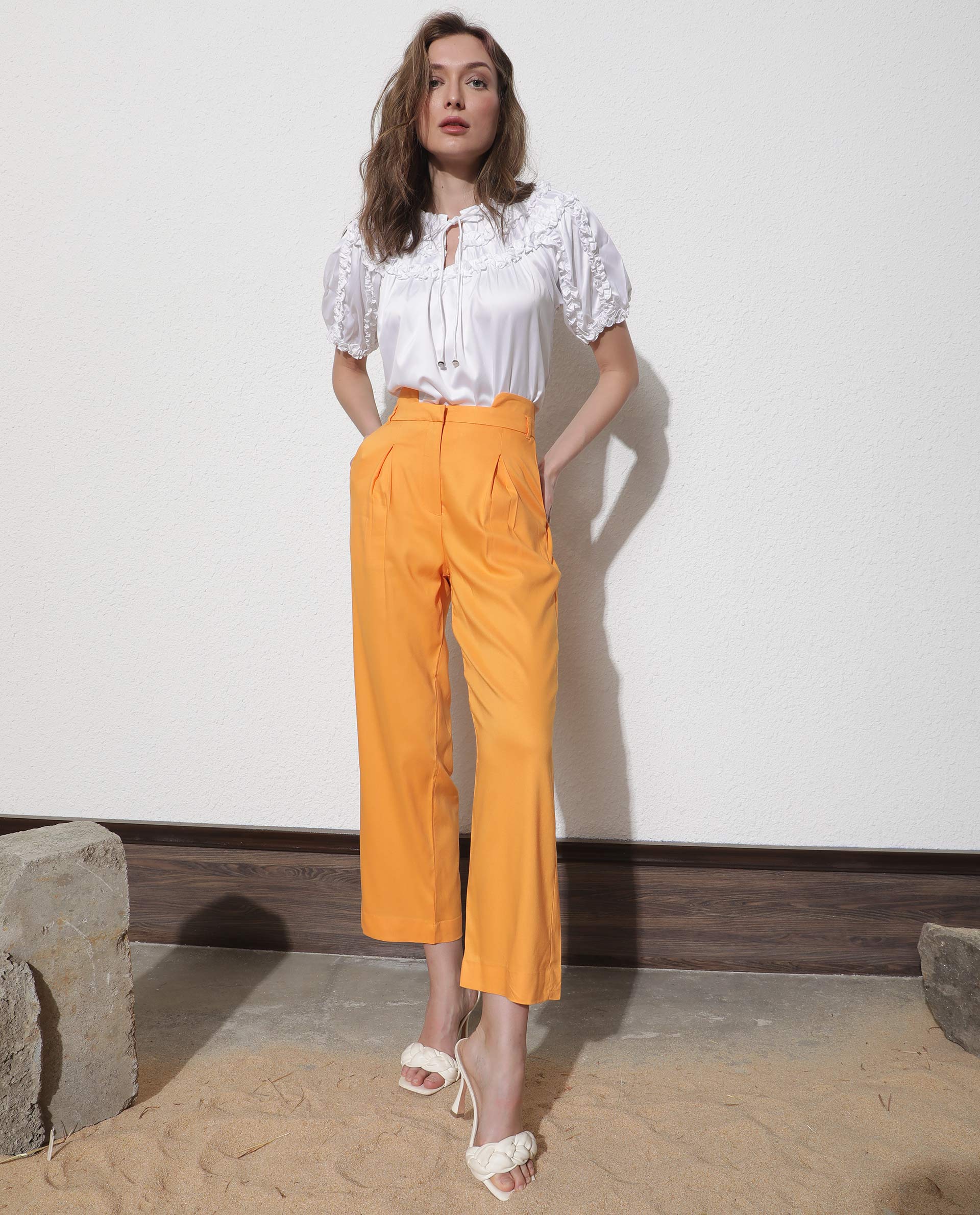 Rareism Women Evanova Mustard Viscose Fabric Tailored Fit High Rise Solid Ankle Length Trousers