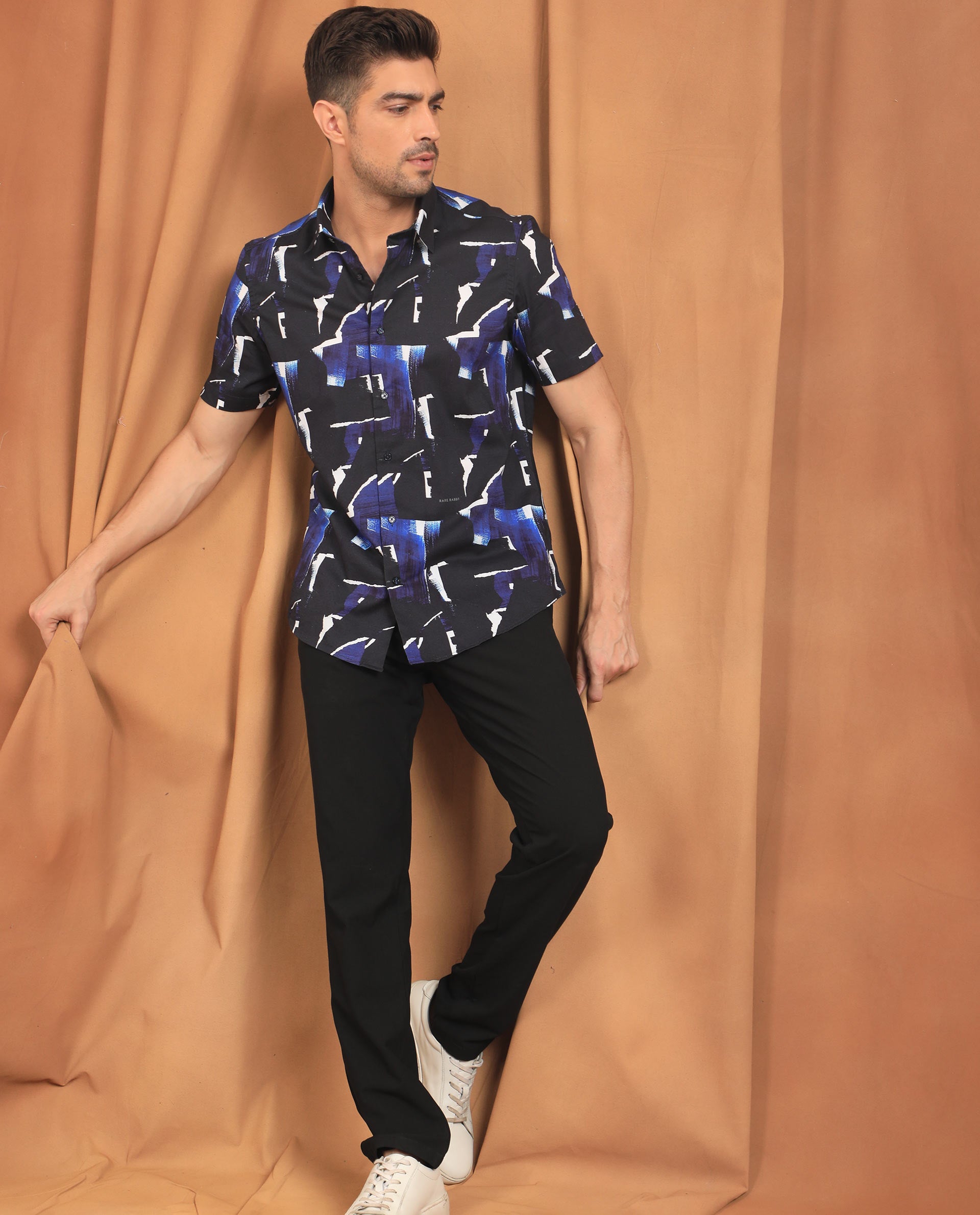 Rare Rabbit Men's Canva Blue Viscose Fabric Geometric Print Half Sleeves Shirt