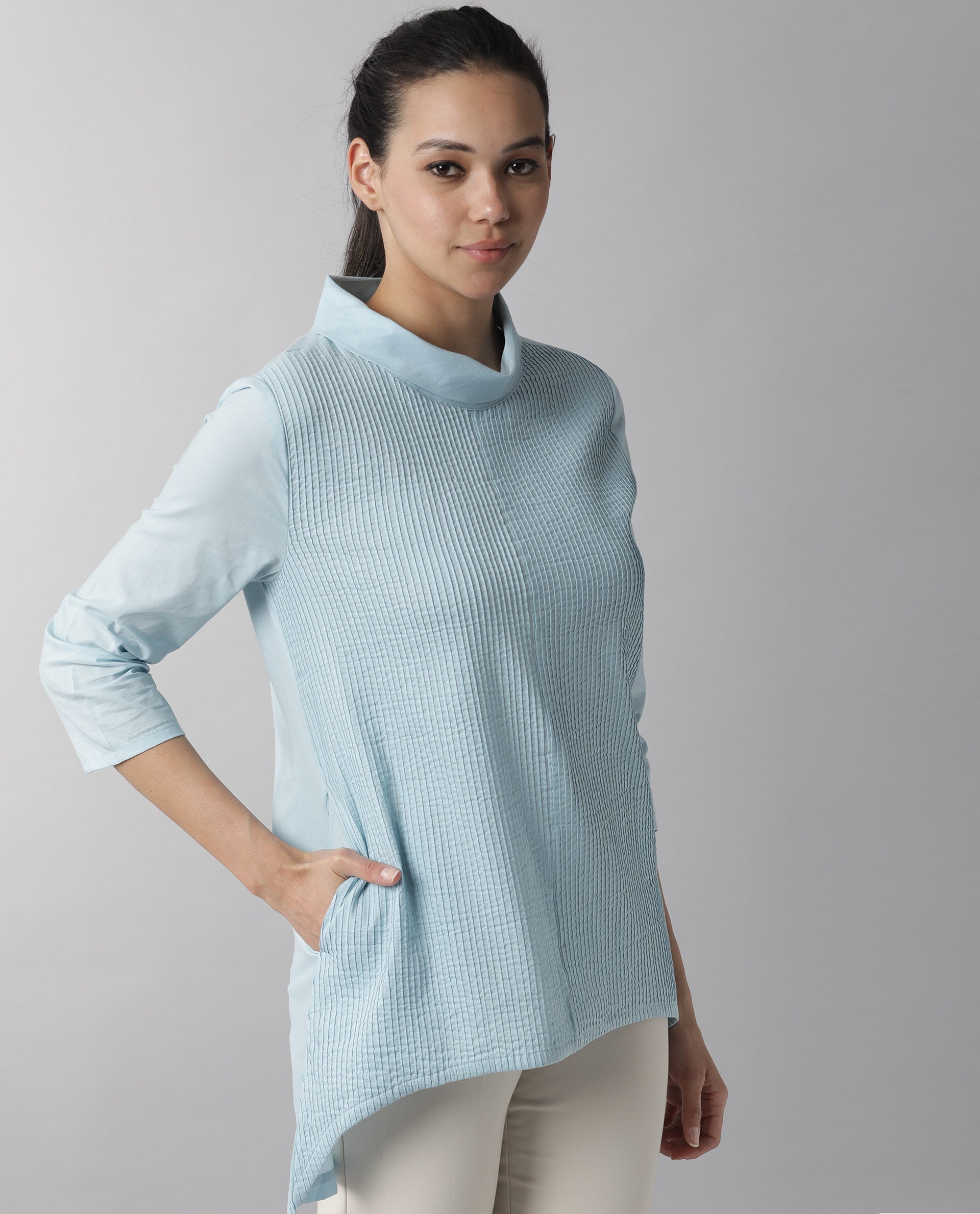 Rareism Women Printol Blue Cotton Fabric Regular Fit Turttle Neck 3/4Th Sleeves Ribbed Top