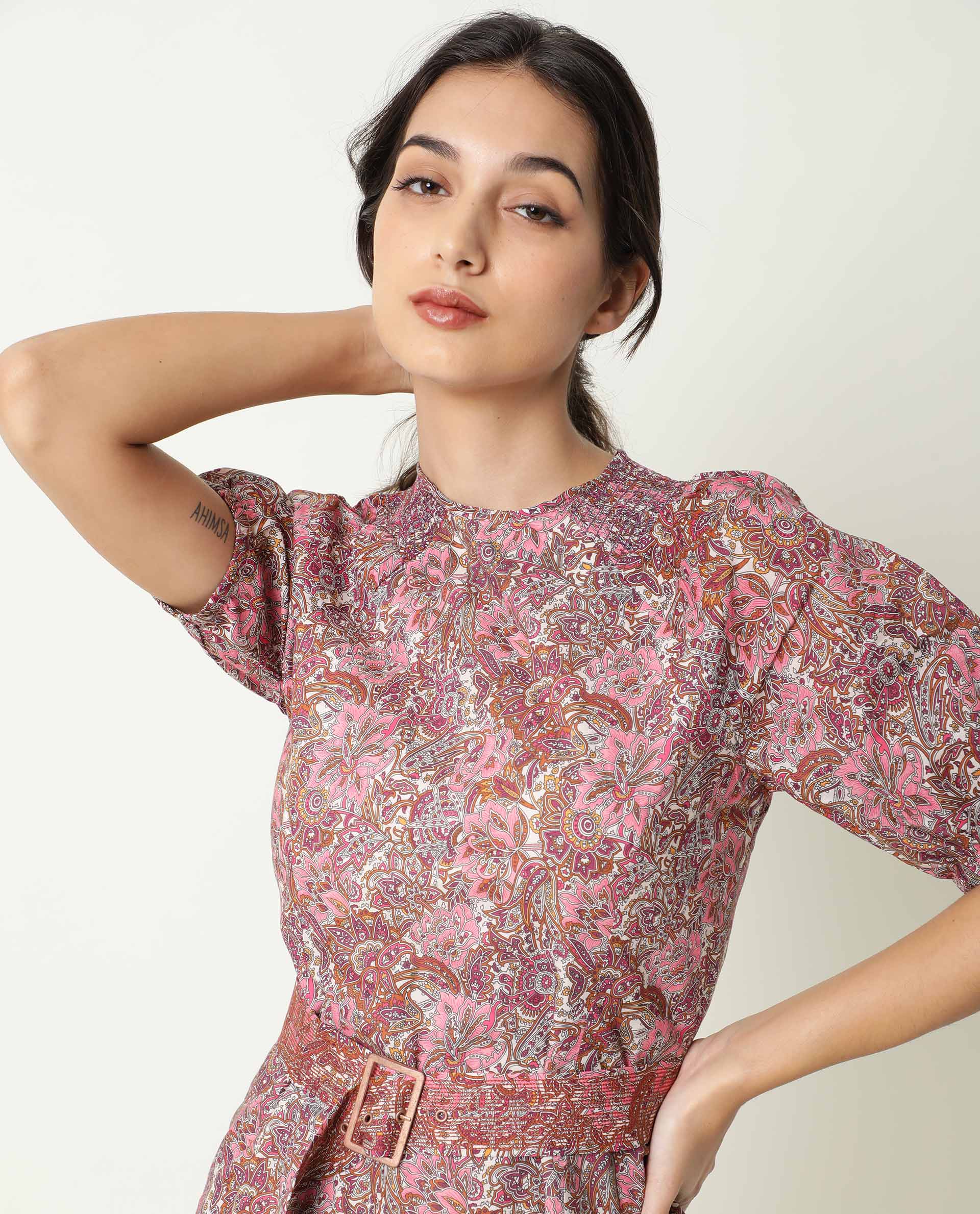 Rareism Women Palesa Pink Paisley Print Closed Round Neck Raglan Puff Sleeves Fabric Waist Belt Mini Dress