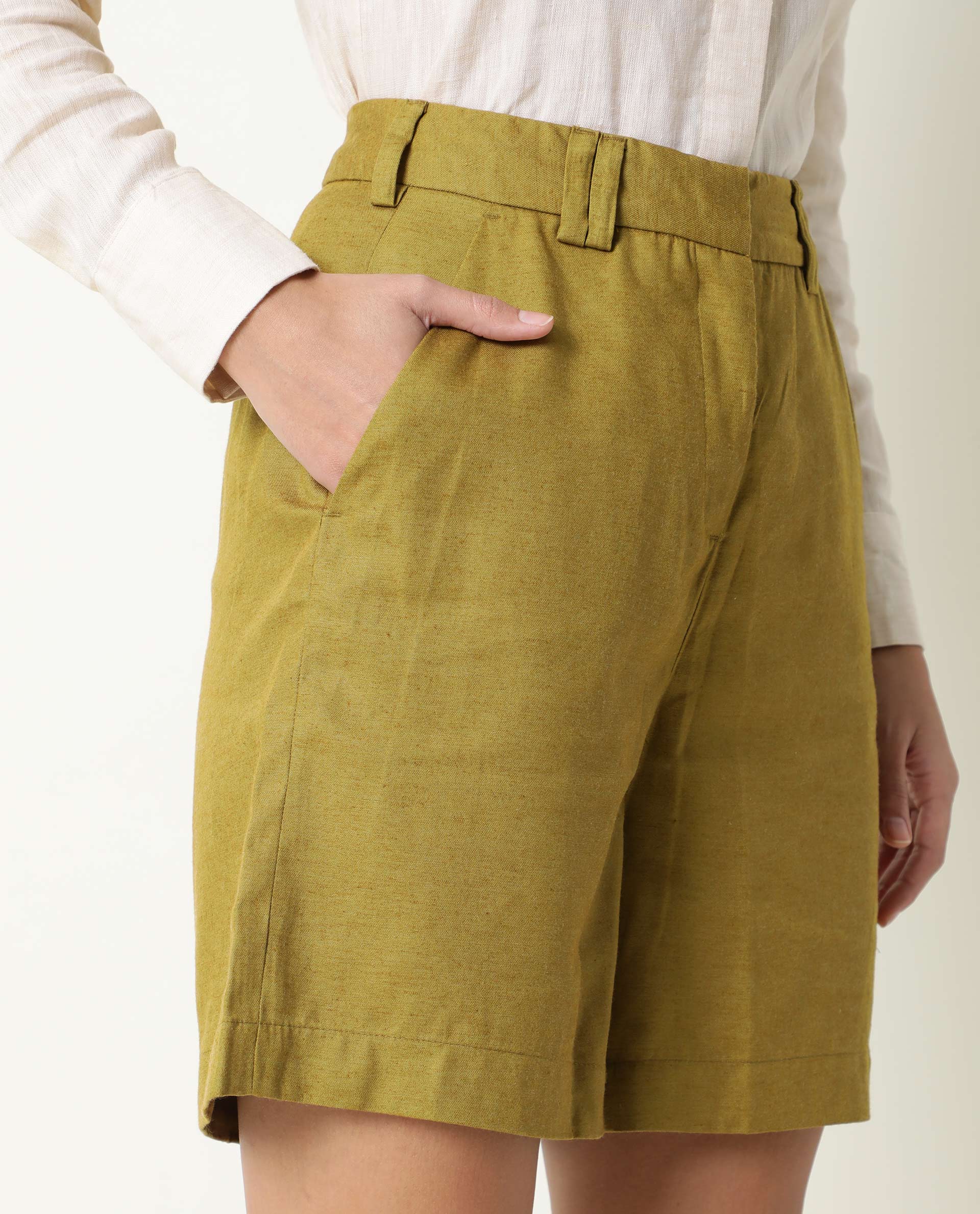 Rareism Women Lamar Olive Cotton Fabric Relaxed Fit Solid High Rise Shorts