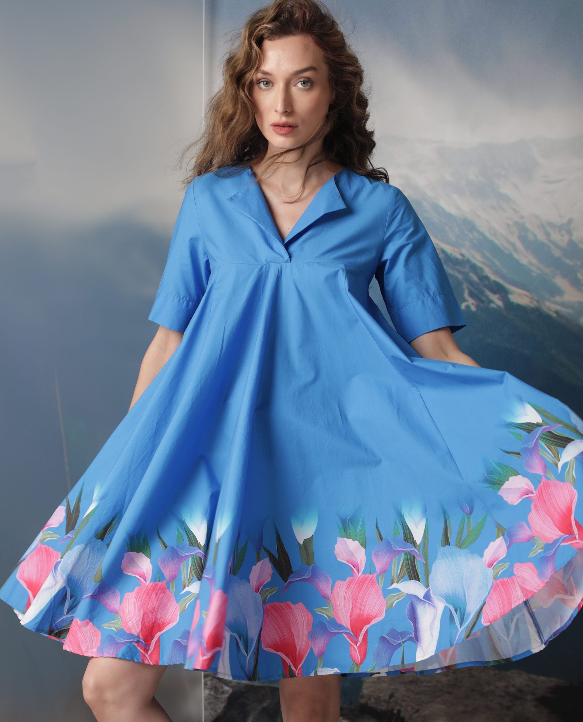 Rareism Women Xender Blue Floral Print Overlap Lapel Collar Half Sleeves With Pockets Flared Mini Dress