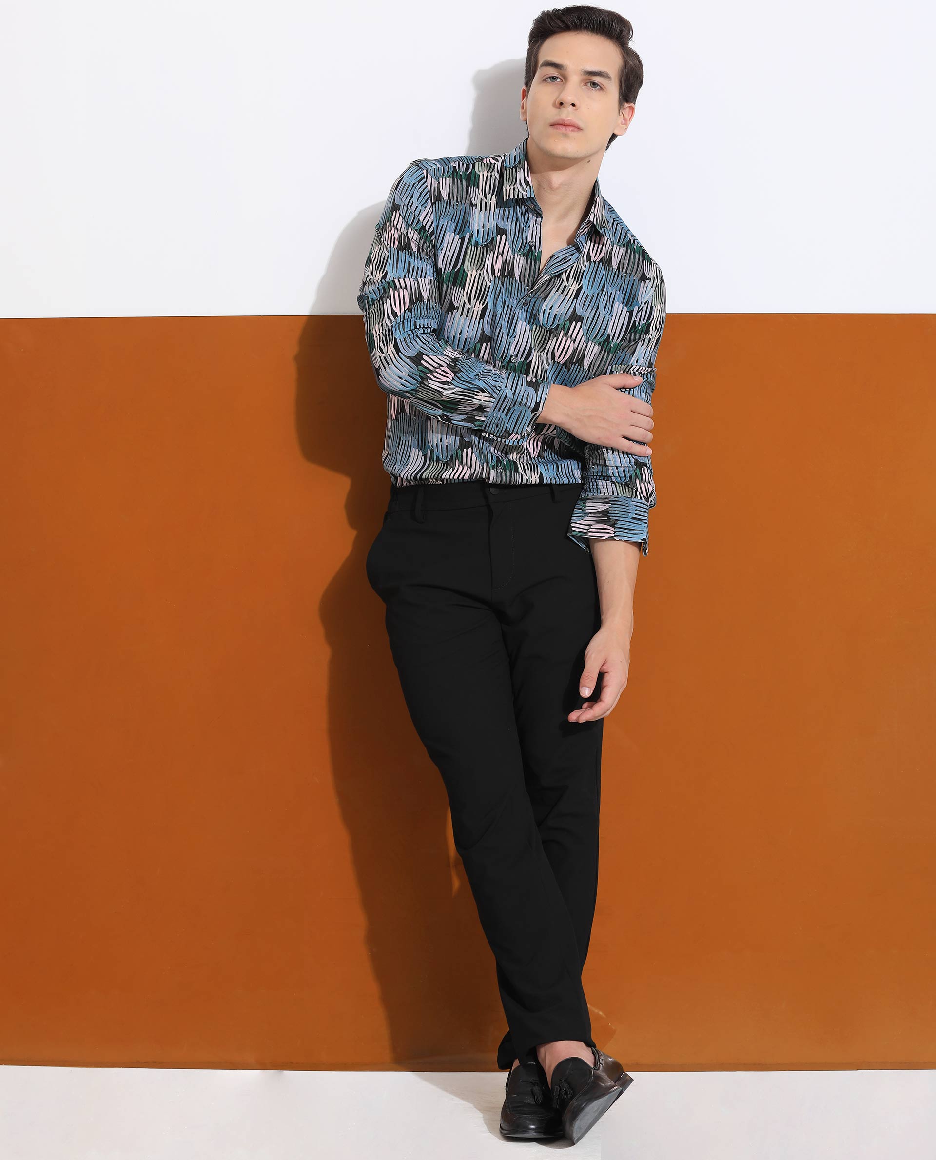 Rare Rabbit Men's Alvin Black Viscose Fabric Full Sleeves Abstract Print Regular Fit Shirt