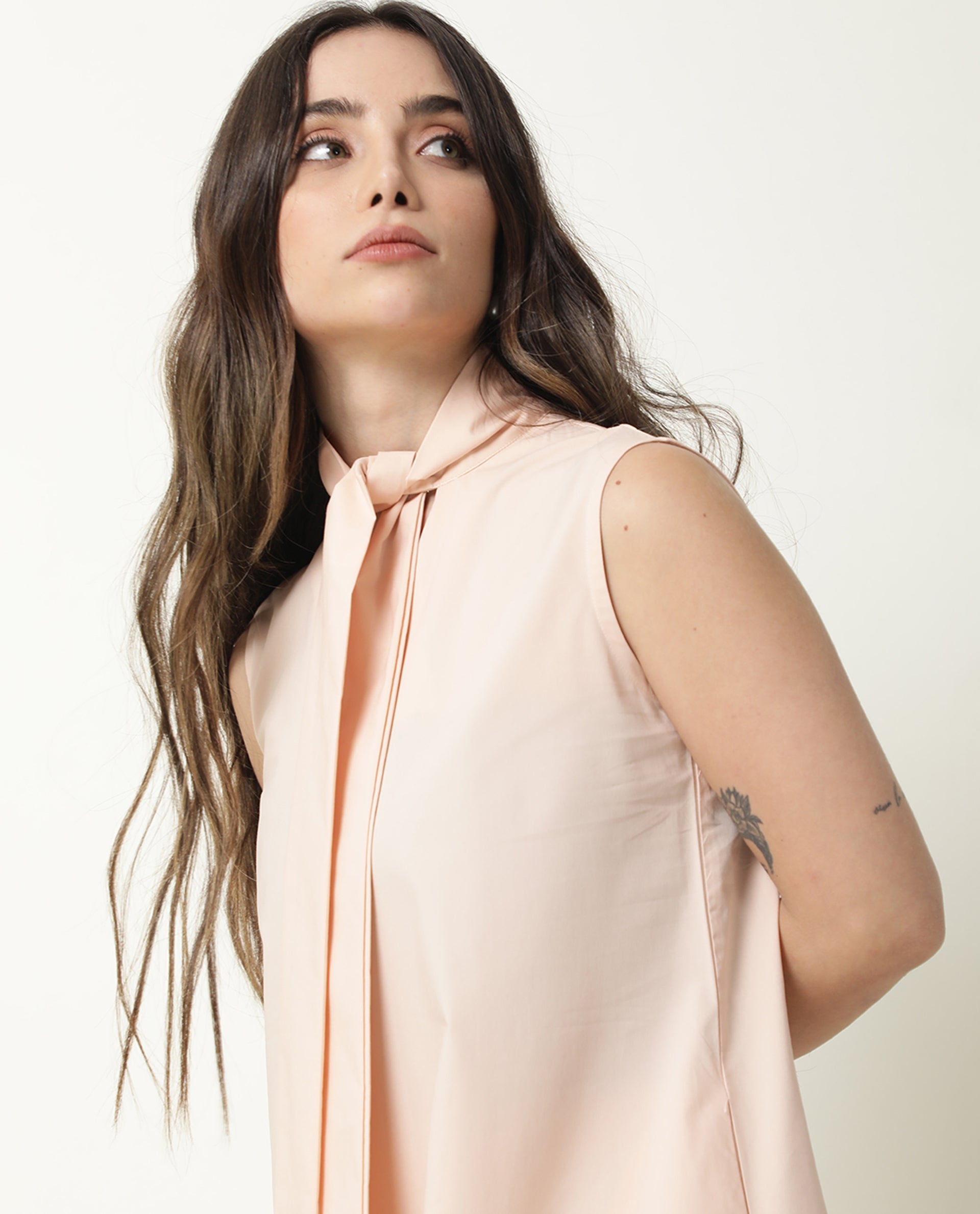 Rareism Women Gino Light Peach Tie Up Neck Sleeveless With Ruffled Hem And Pockets Maxi Dress