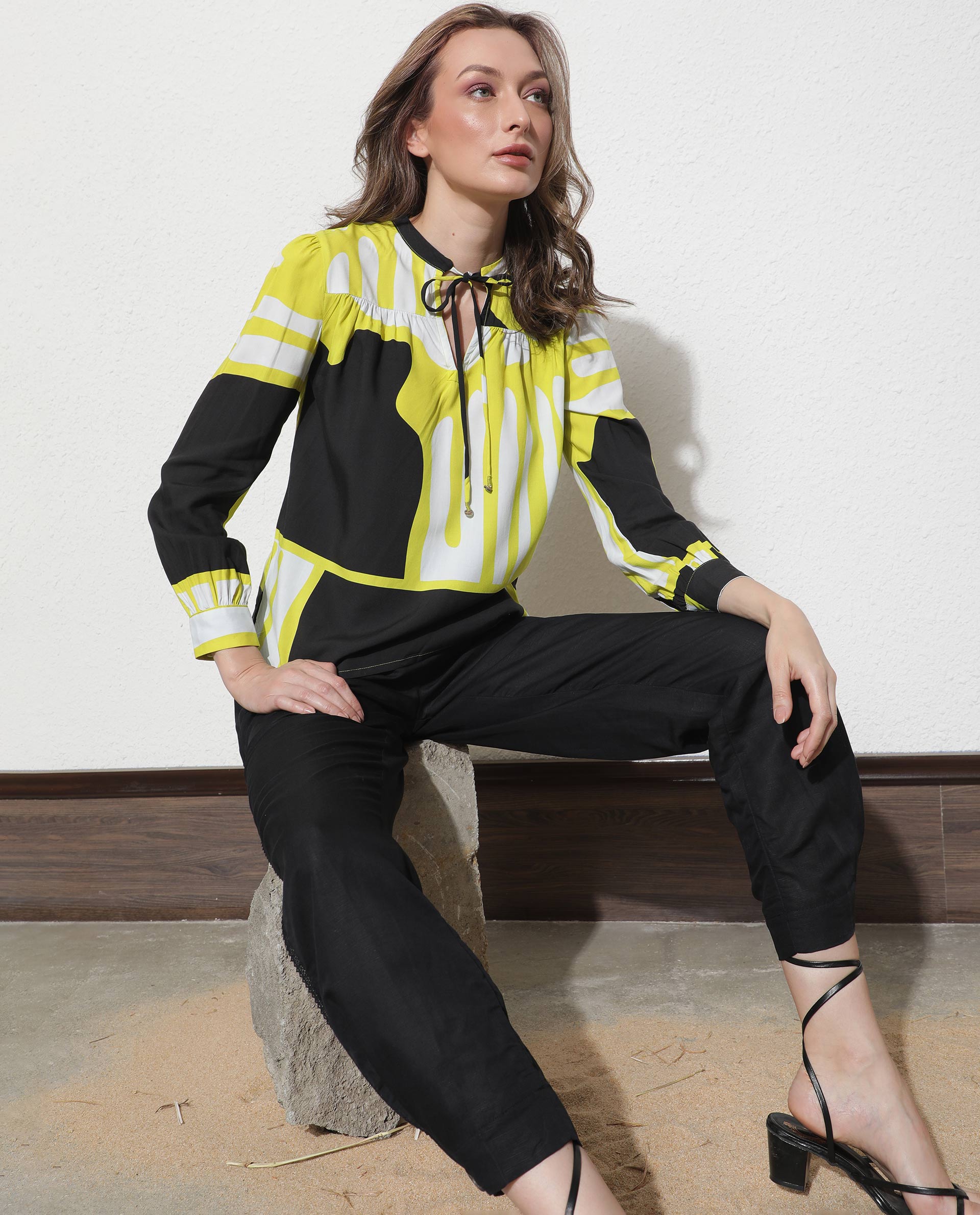 Rareism Women Vito Navy Viscose Fabric Slim Fit Key Hole Neck Full Sleeves Abstract Print Top