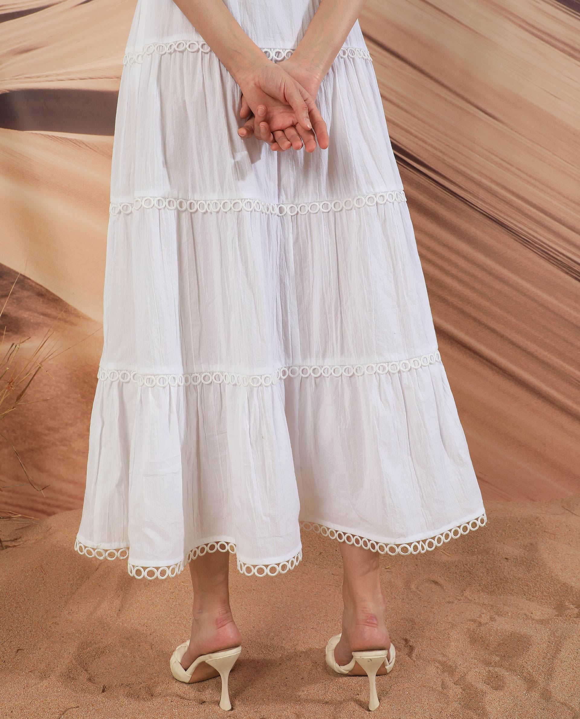 Rareism Women Rivoli White V Neck Balloon Sleeves With Elastic Waist And Pockets Tiered Maxi Dress