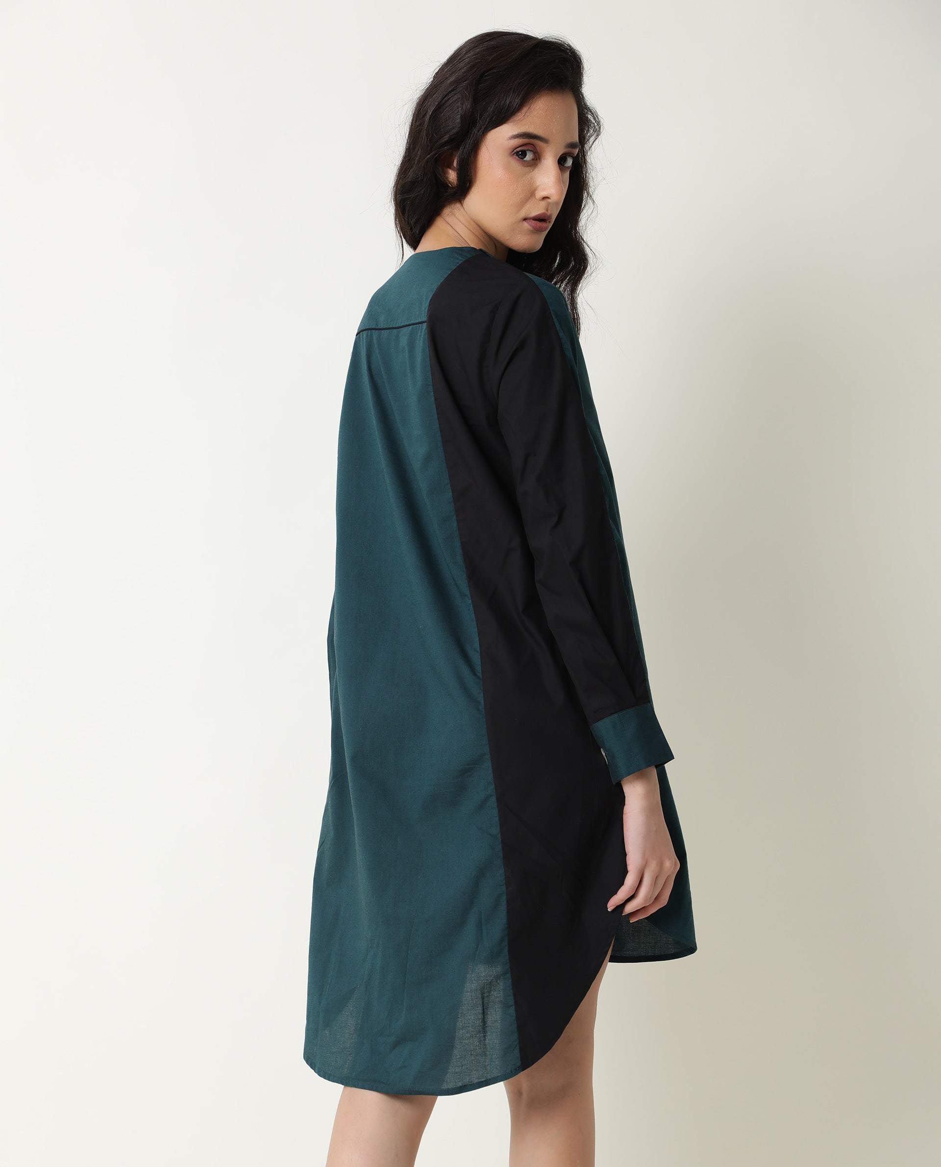 Rareism Women Tally Petrol Overlap Lapel Collar Full Sleeves Front Button Placket Pocket Asymmetrical Knee Length Dress