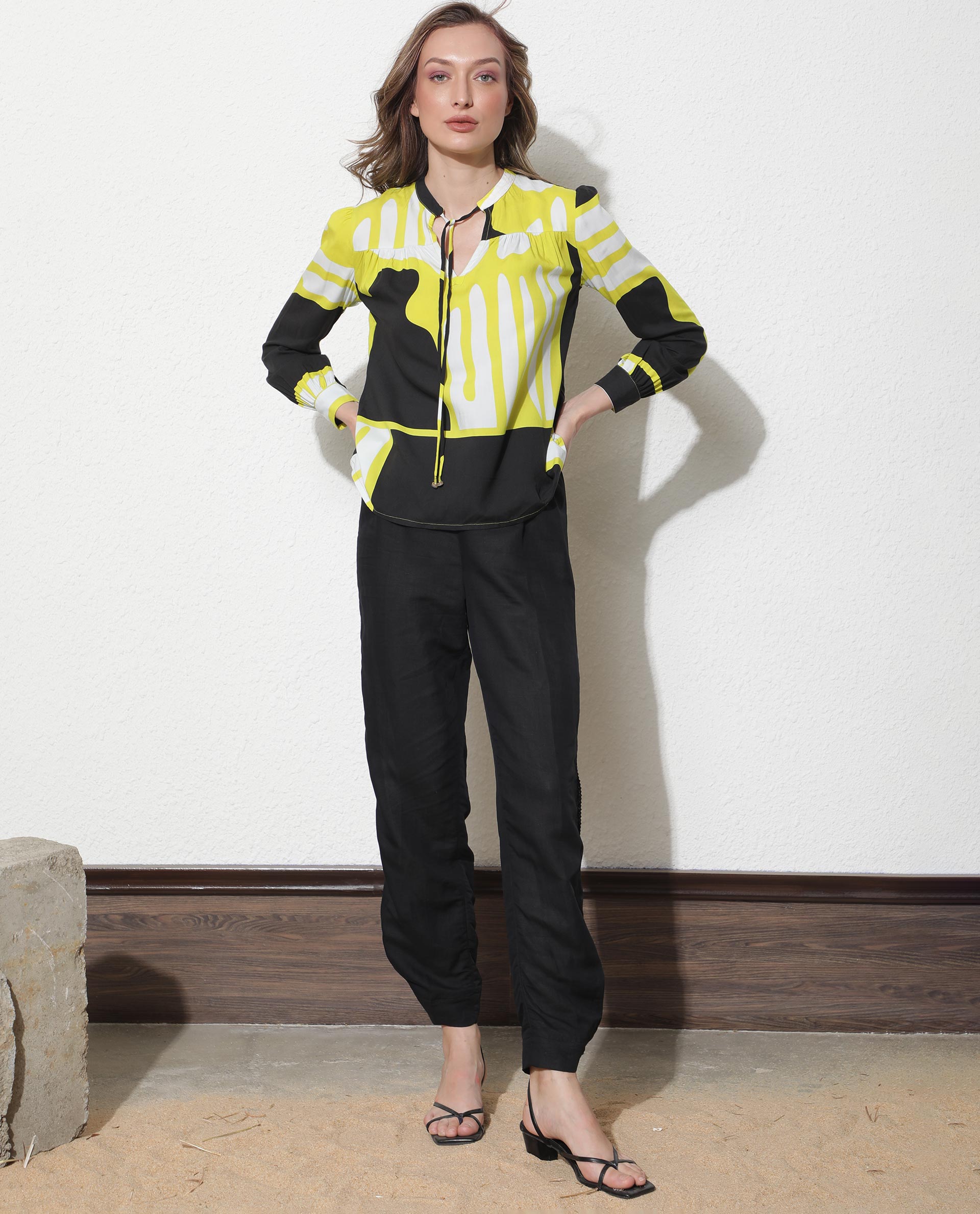 Rareism Women Vito Navy Viscose Fabric Slim Fit Key Hole Neck Full Sleeves Abstract Print Top