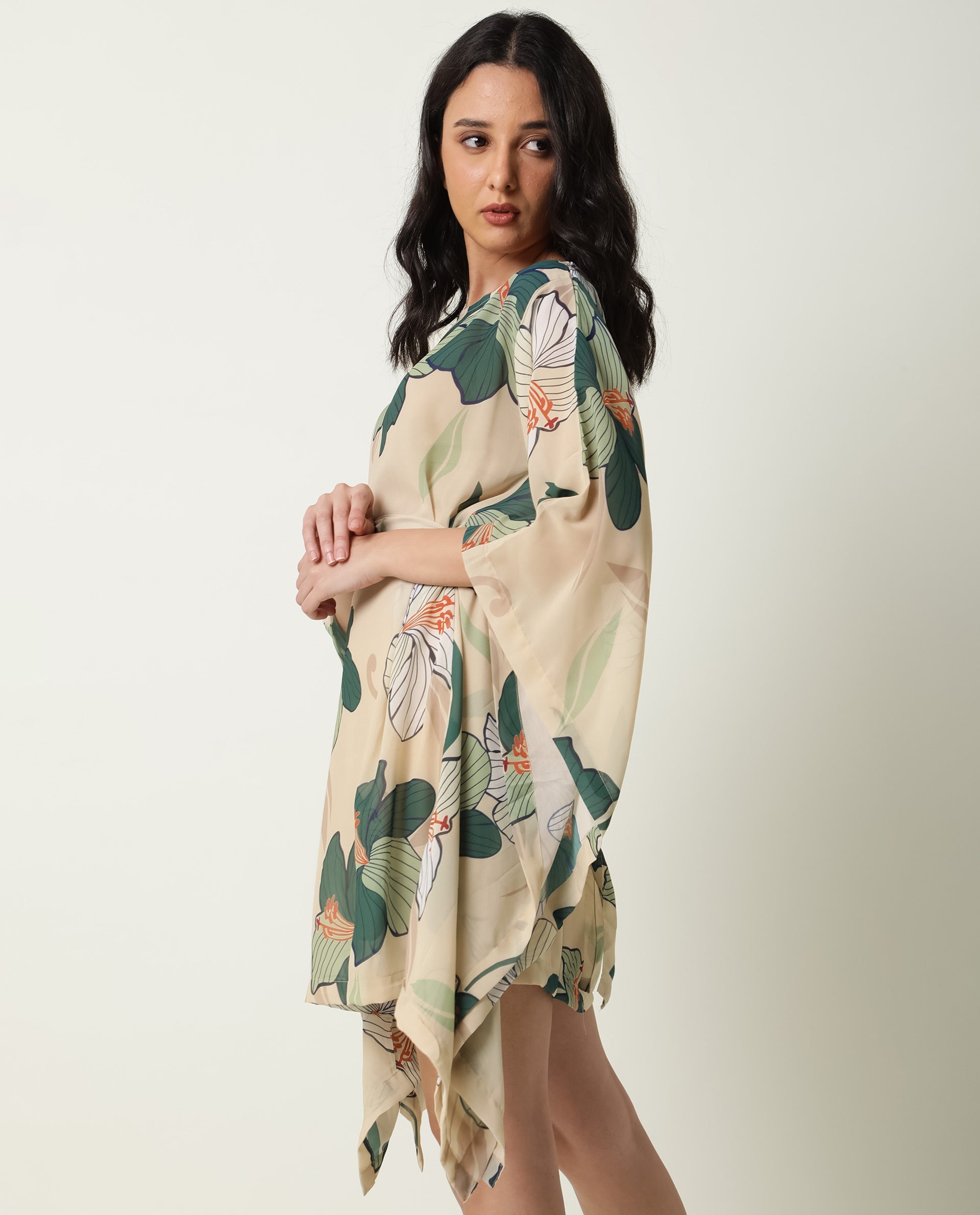 Rareism Women Steevi Off-White Abstract Print Boat Neck Flared Sleeves Mini Dress