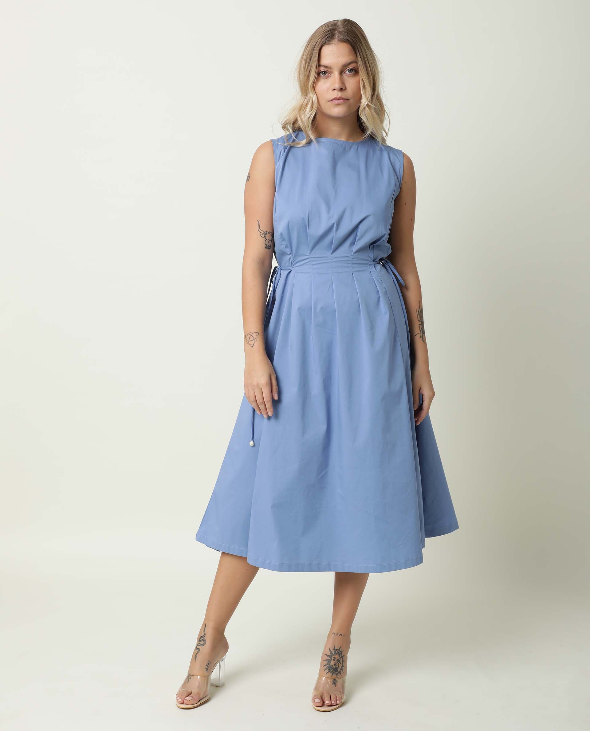 Rareism Women Zippo Blue Boat Neck Sleeveless Waist Drawstring With Back Button Closure And Pockets Midi Dress