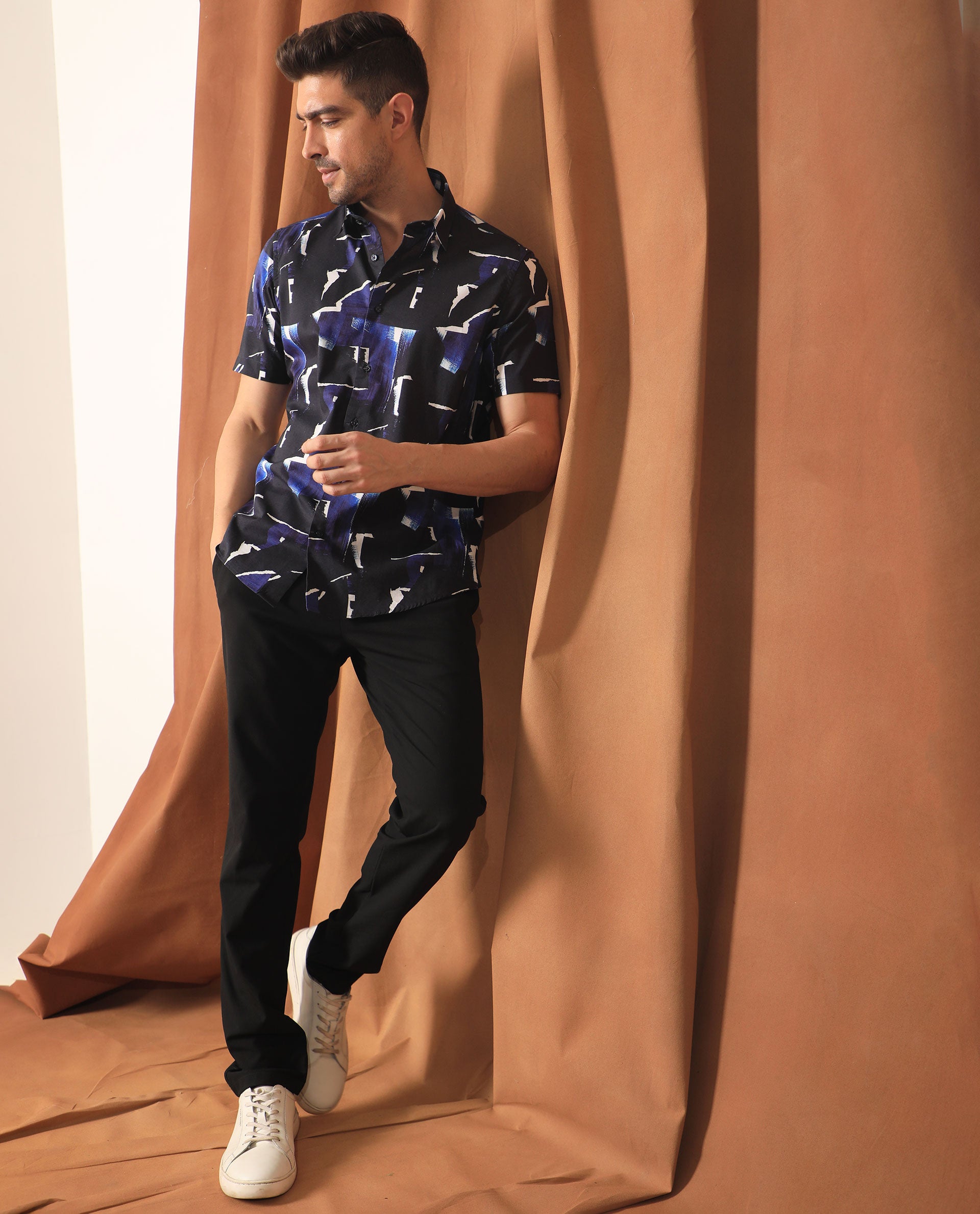 Rare Rabbit Men's Canva Blue Viscose Fabric Geometric Print Half Sleeves Shirt