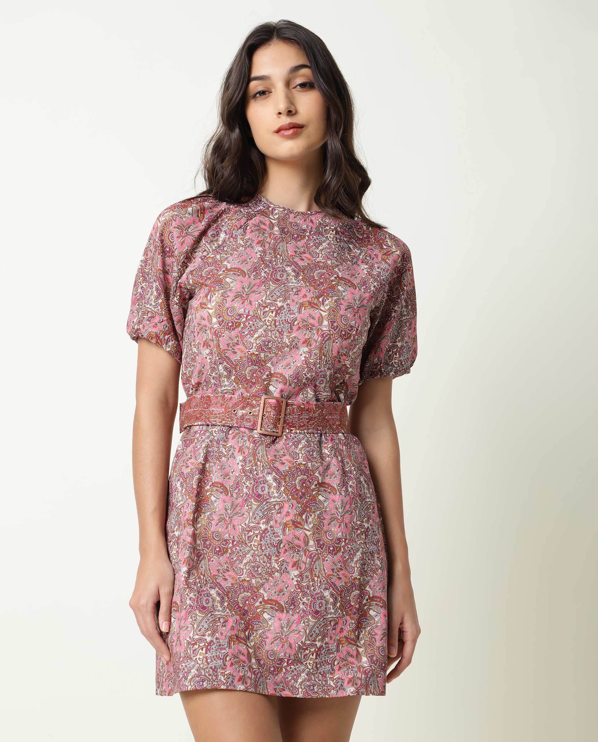 Rareism Women Palesa Pink Paisley Print Closed Round Neck Raglan Puff Sleeves Fabric Waist Belt Mini Dress