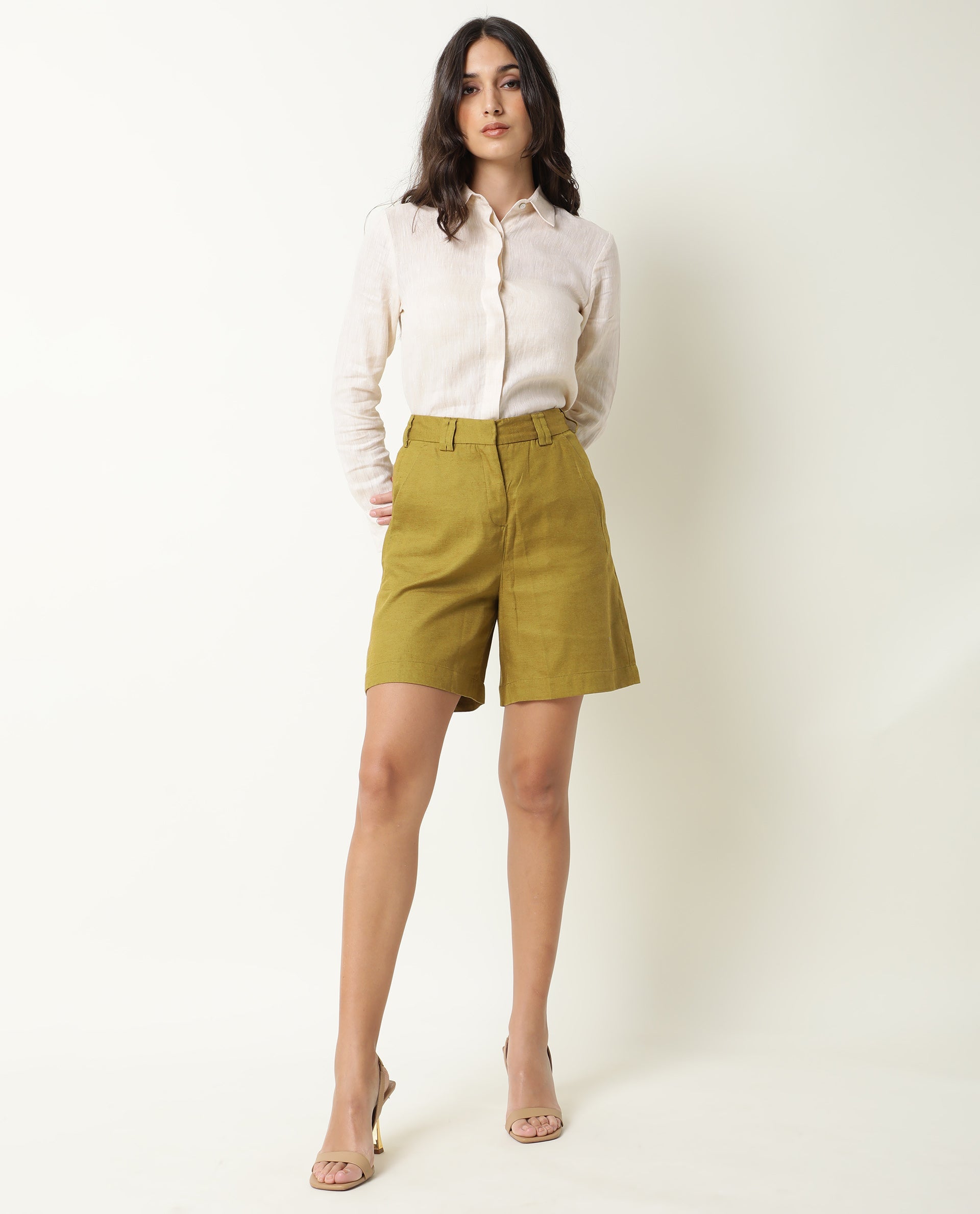 Rareism Women Lamar Olive Cotton Fabric Relaxed Fit Solid High Rise Shorts