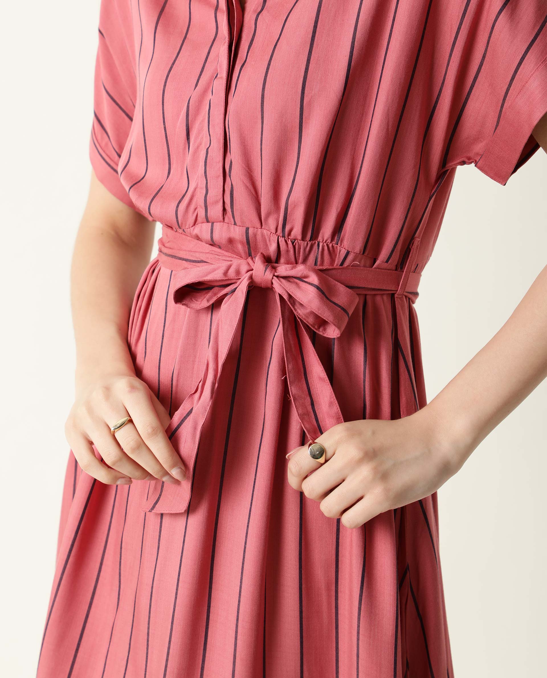 Rareism Women Tudor Pink Striped Mandarin Collar Half Sleeves Fabric Waist Belt With Pockets Midi Dress