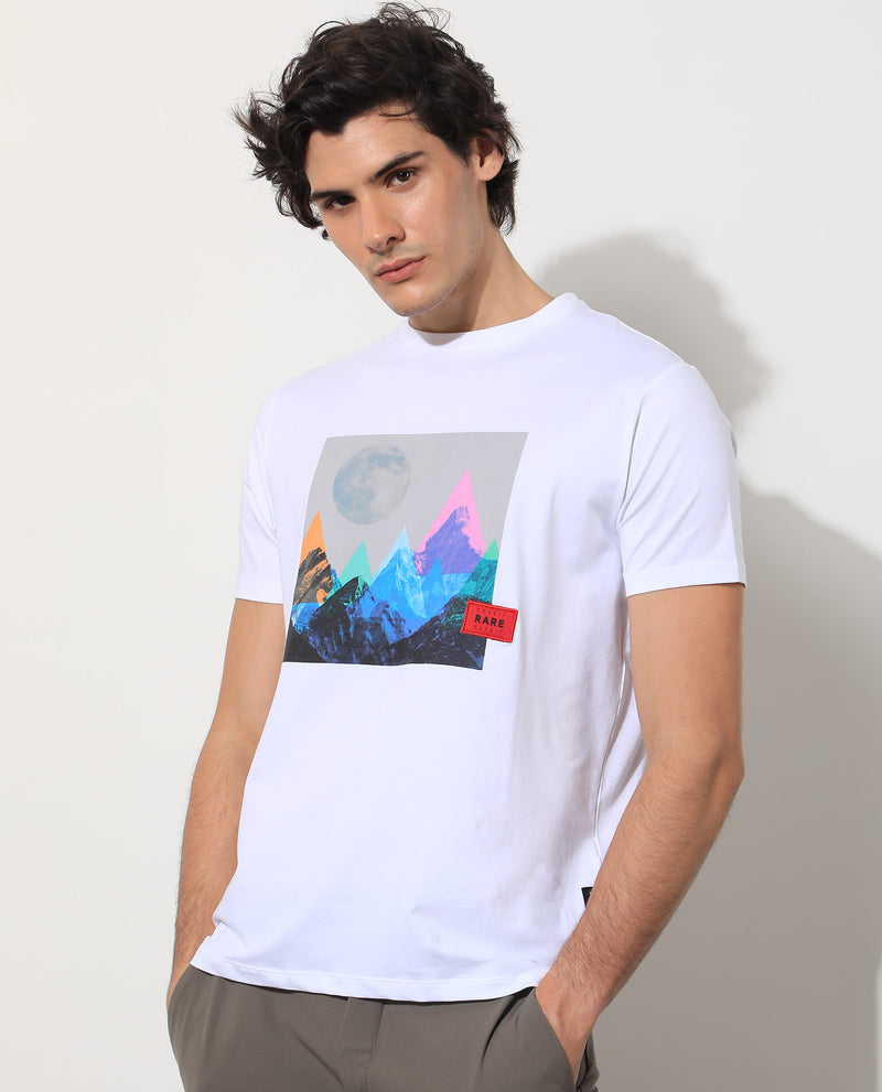 Rare Rabbit Men's Oden White Crew Neck Abstract Graphic Printed Half Sleeves Slim Fit T-Shirt