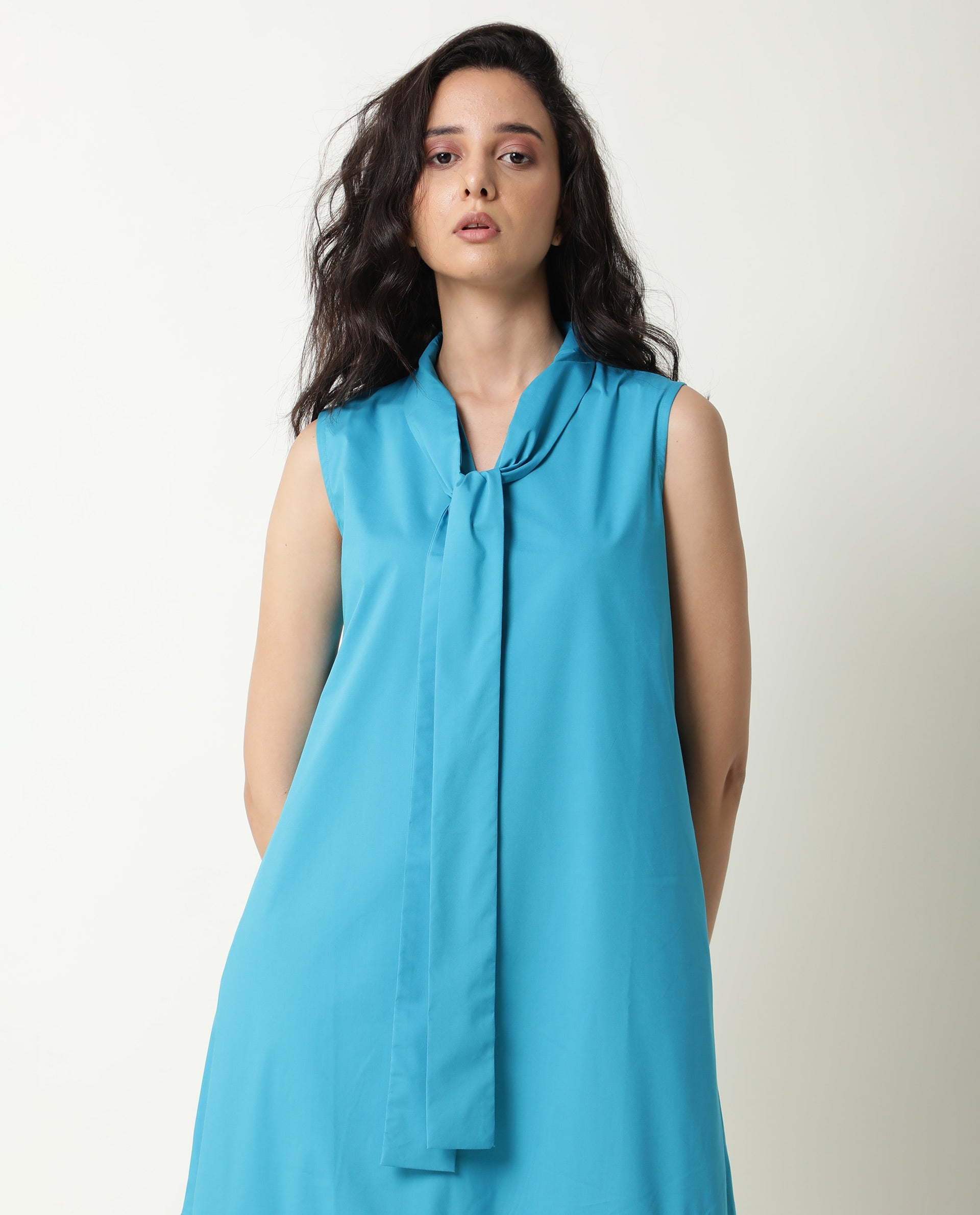 Rareism Women Gino Blue Tie Up Neck Sleeveless With Ruffled Hem And Pockets Maxi Dress