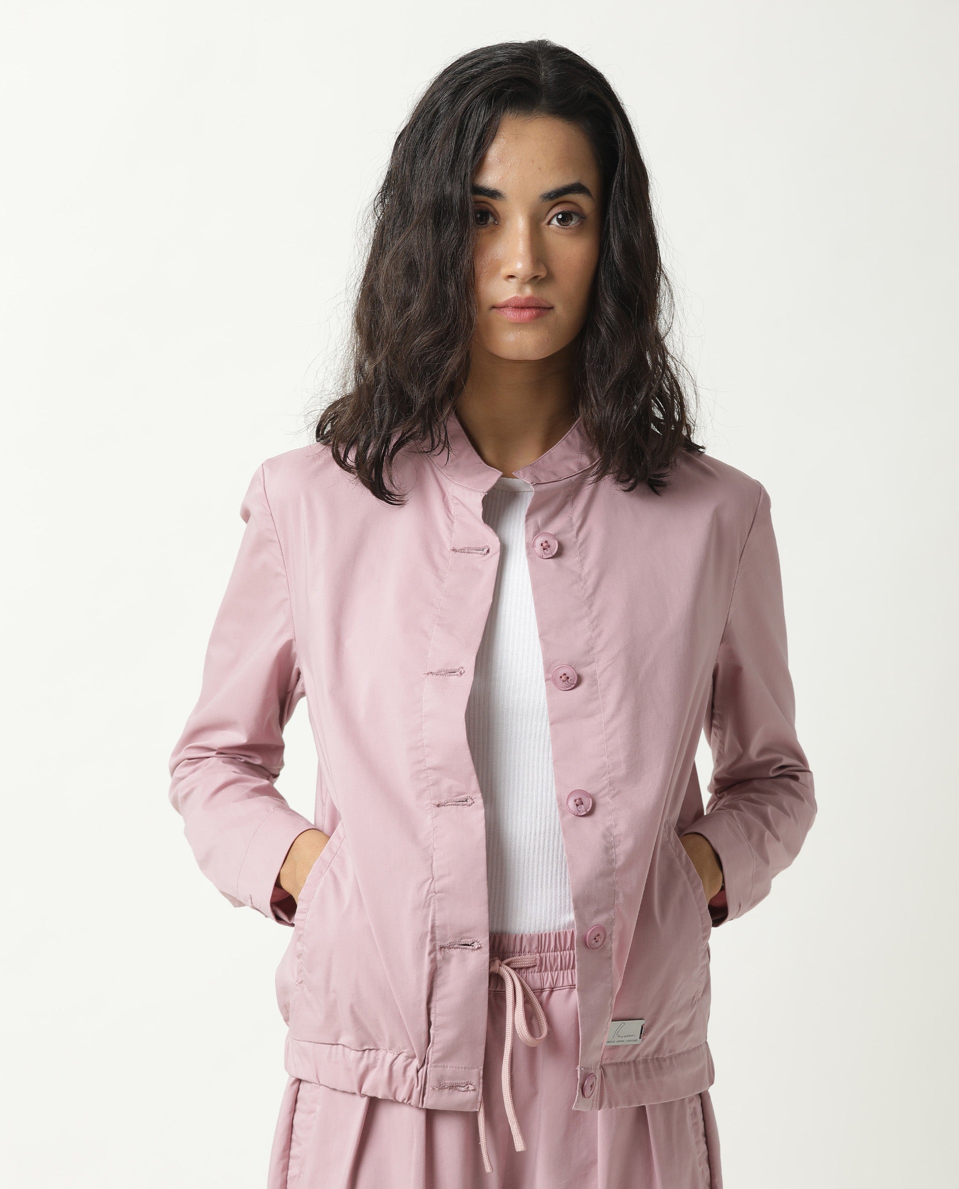 Rareism Women Aomori Pastel Purple Poly Lycra Fabric Full Sleeves Solid Mandarin Collar Jacket