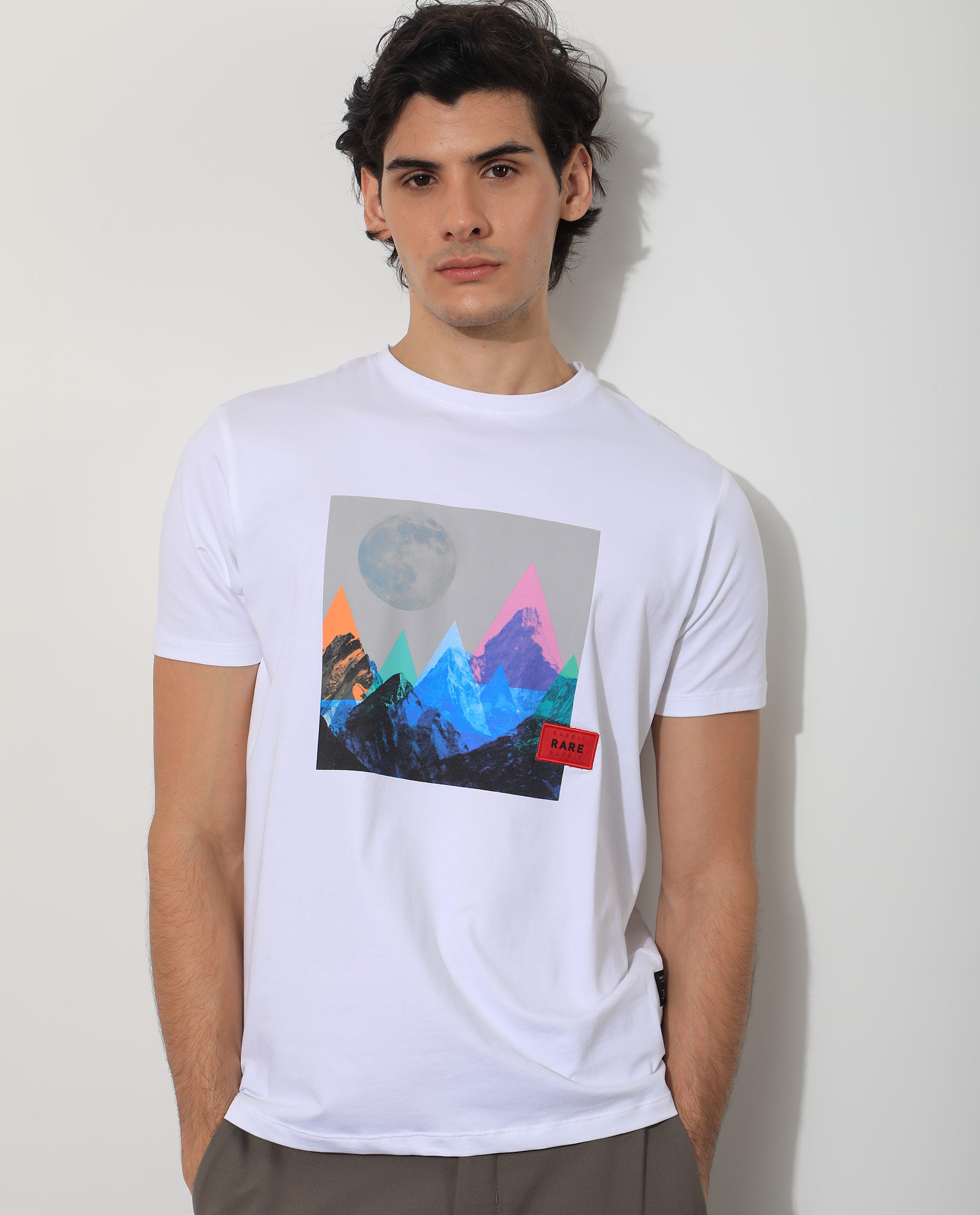 Rare Rabbit Men's Oden White Crew Neck Abstract Graphic Printed Half Sleeves Slim Fit T-Shirt