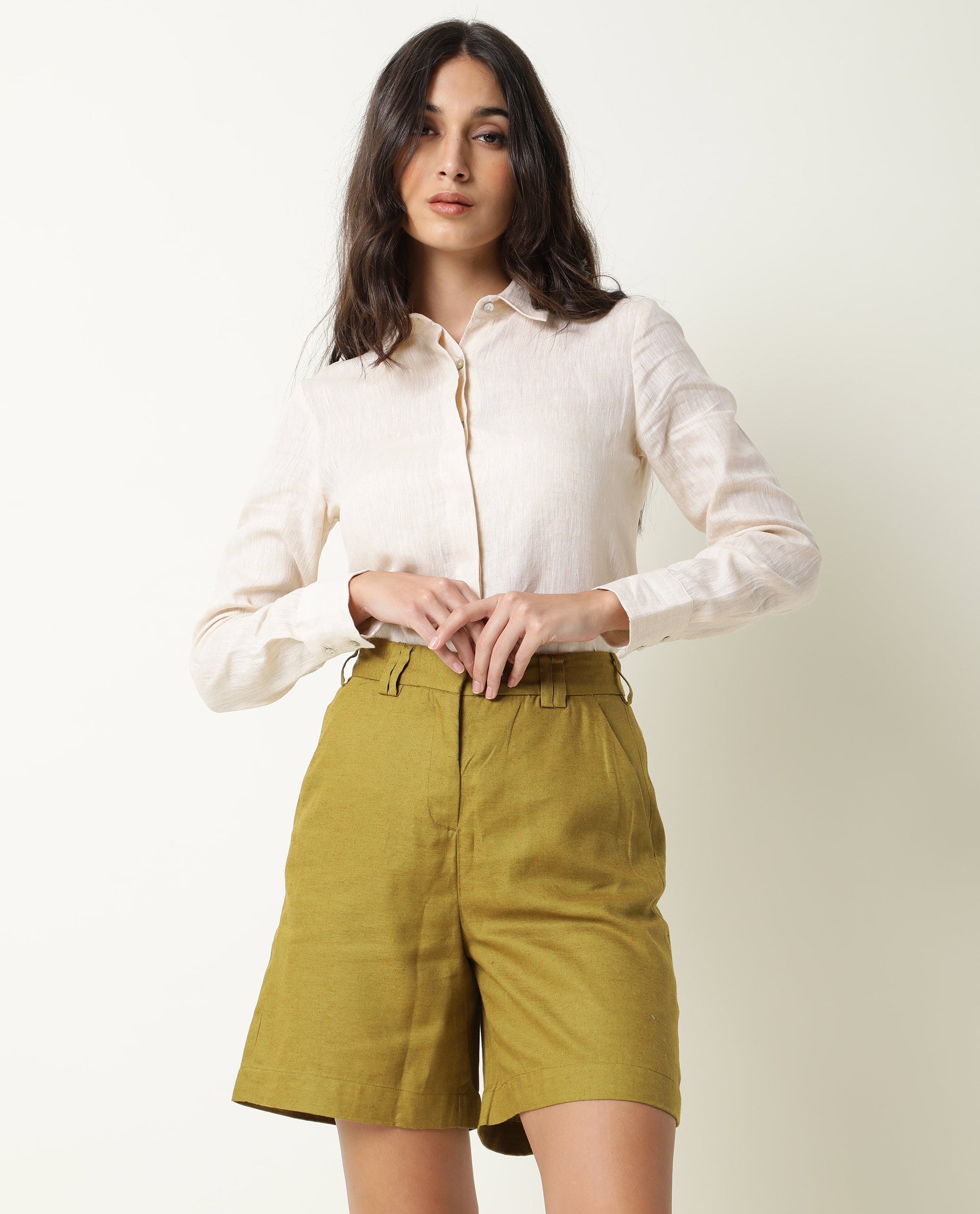 Rareism Women Lamar Olive Cotton Fabric Relaxed Fit Solid High Rise Shorts