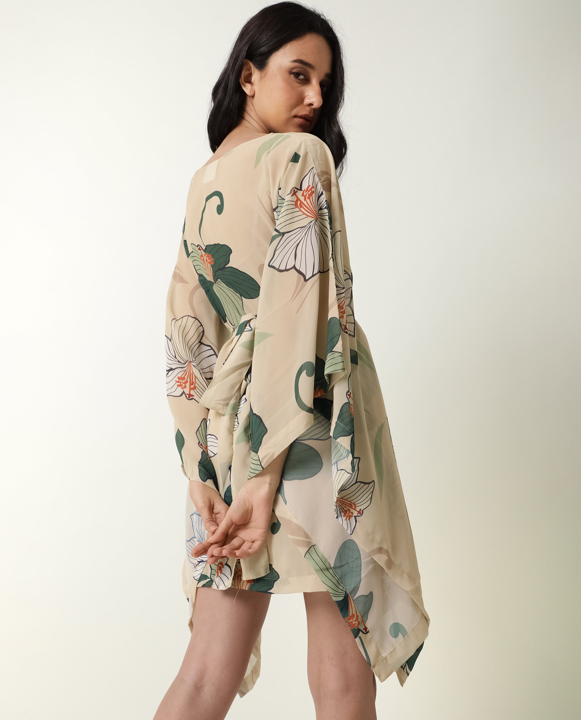 Rareism Women Steevi Off-White Abstract Print Boat Neck Flared Sleeves Mini Dress