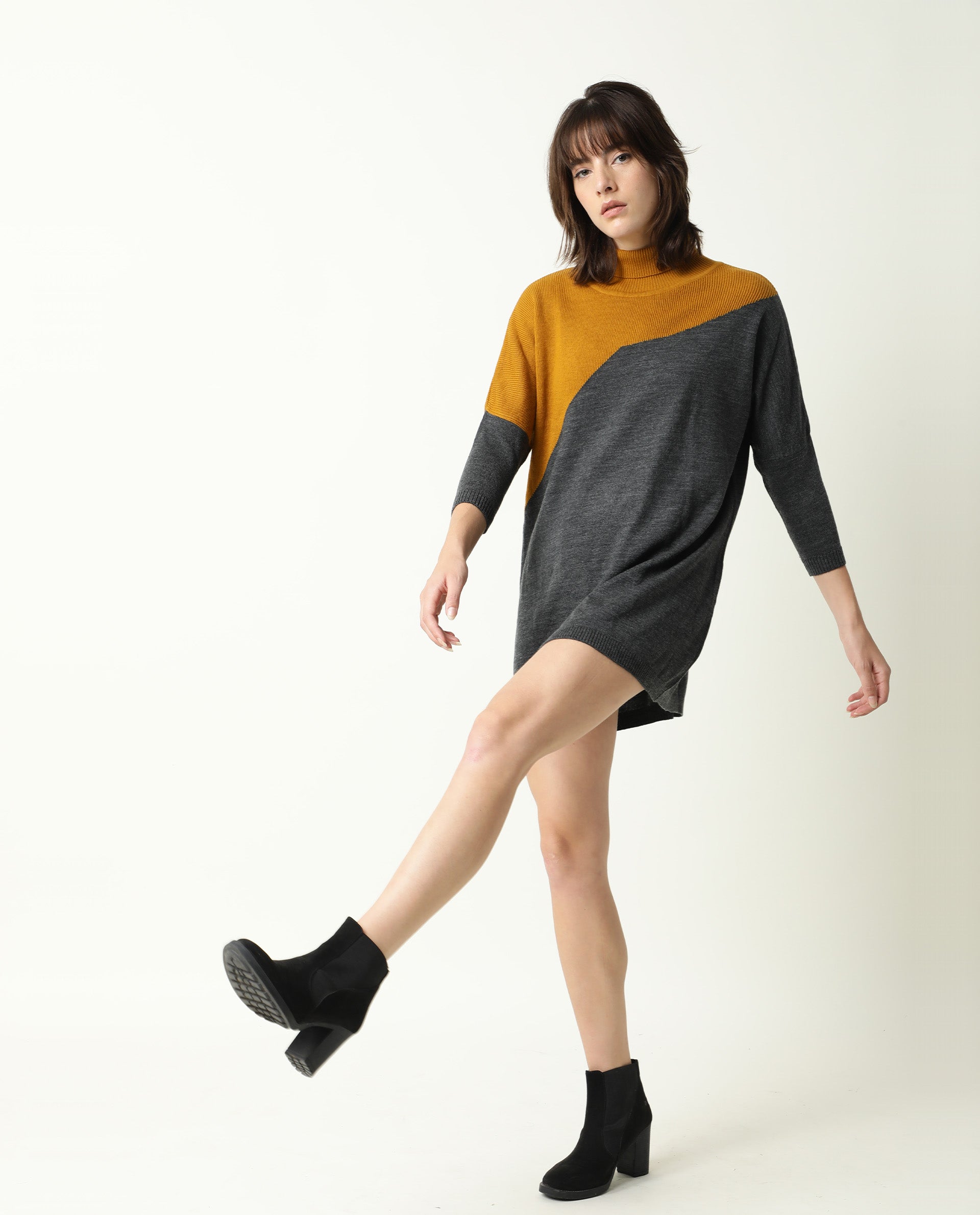 Rareism Women Spaton Grey Acrylic Fabric Full Sleeves Knee Length Regular Fit Color Blocked High Neck Sweater