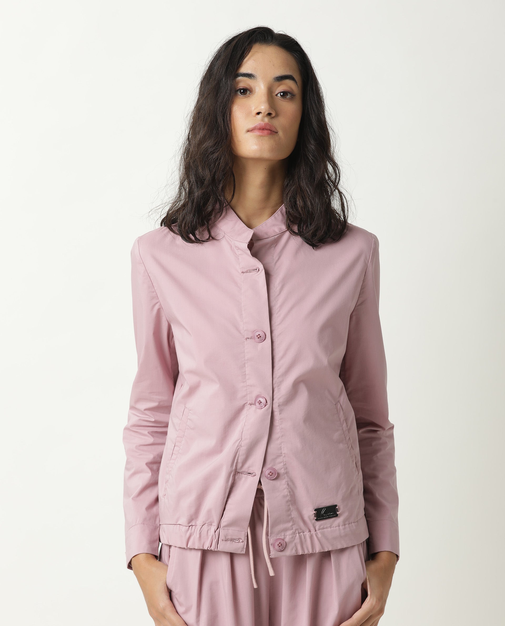 Rareism Women Aomori Pastel Purple Poly Lycra Fabric Full Sleeves Solid Mandarin Collar Jacket