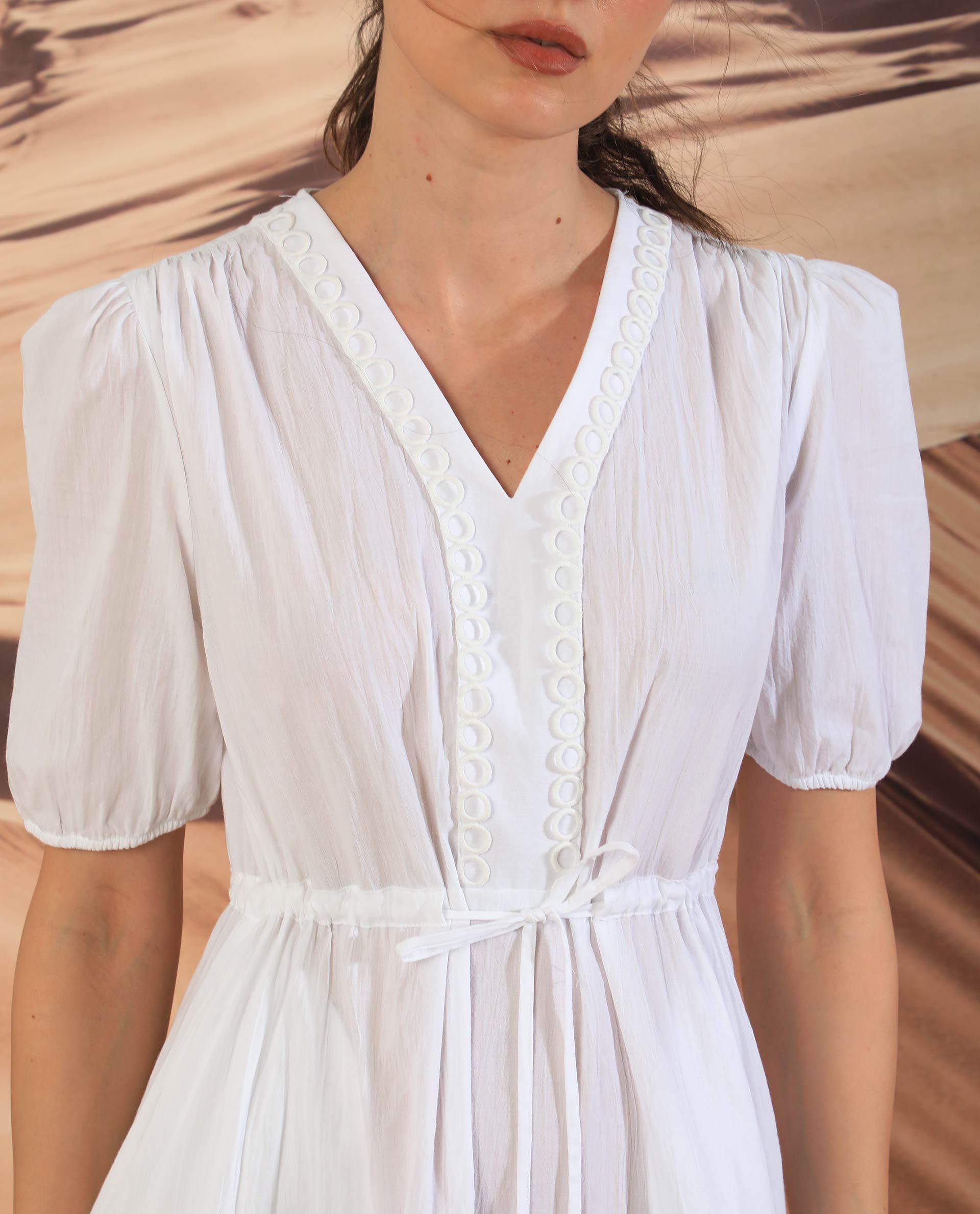Rareism Women Rivoli White V Neck Balloon Sleeves With Elastic Waist And Pockets Tiered Maxi Dress