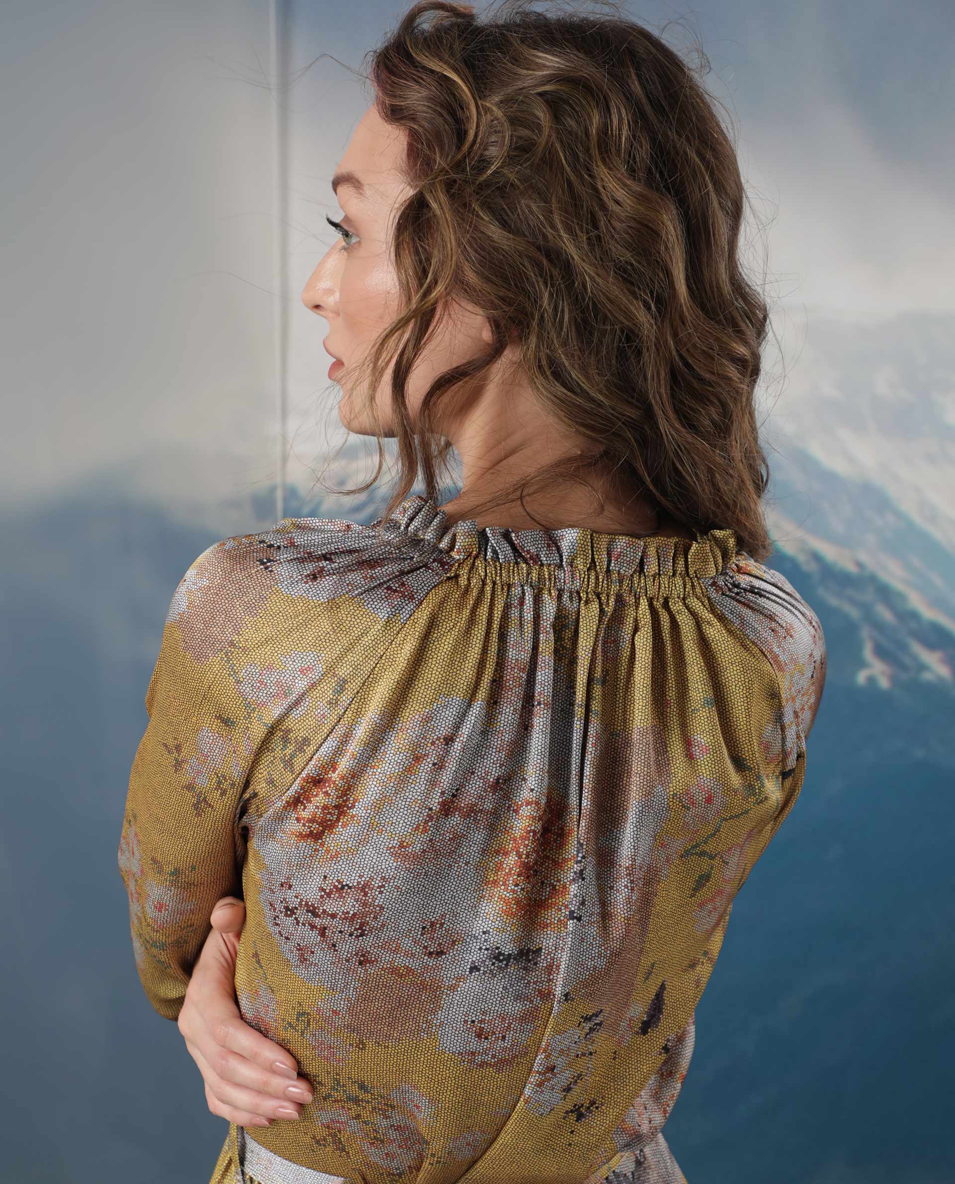 Rareism Women Journee Dark Yellow Polyester Fabric 3/4Th Sleeves Ruffled Neck Regular Fit Floral Print Midi Asymmetric Dress