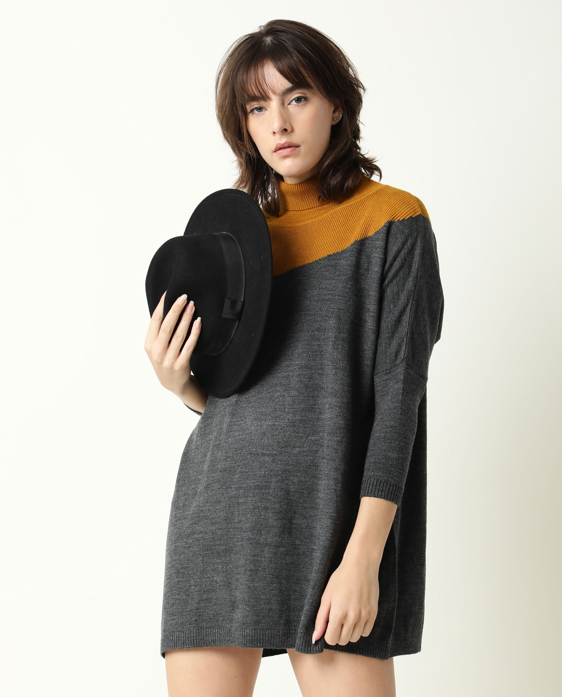 Rareism Women Spaton Grey Acrylic Fabric Full Sleeves Knee Length Regular Fit Color Blocked High Neck Sweater