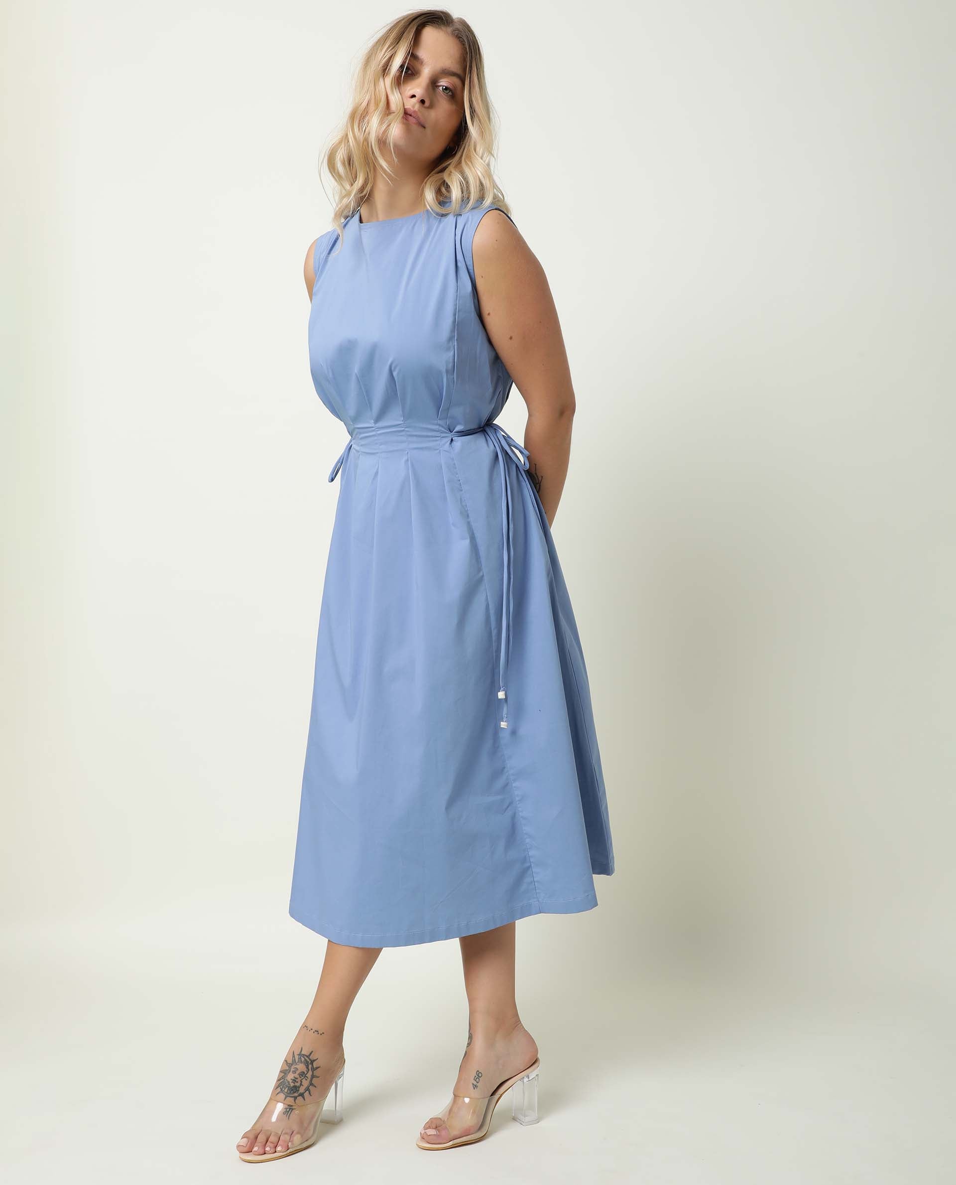 Rareism Women Zippo Blue Boat Neck Sleeveless Waist Drawstring With Back Button Closure And Pockets Midi Dress