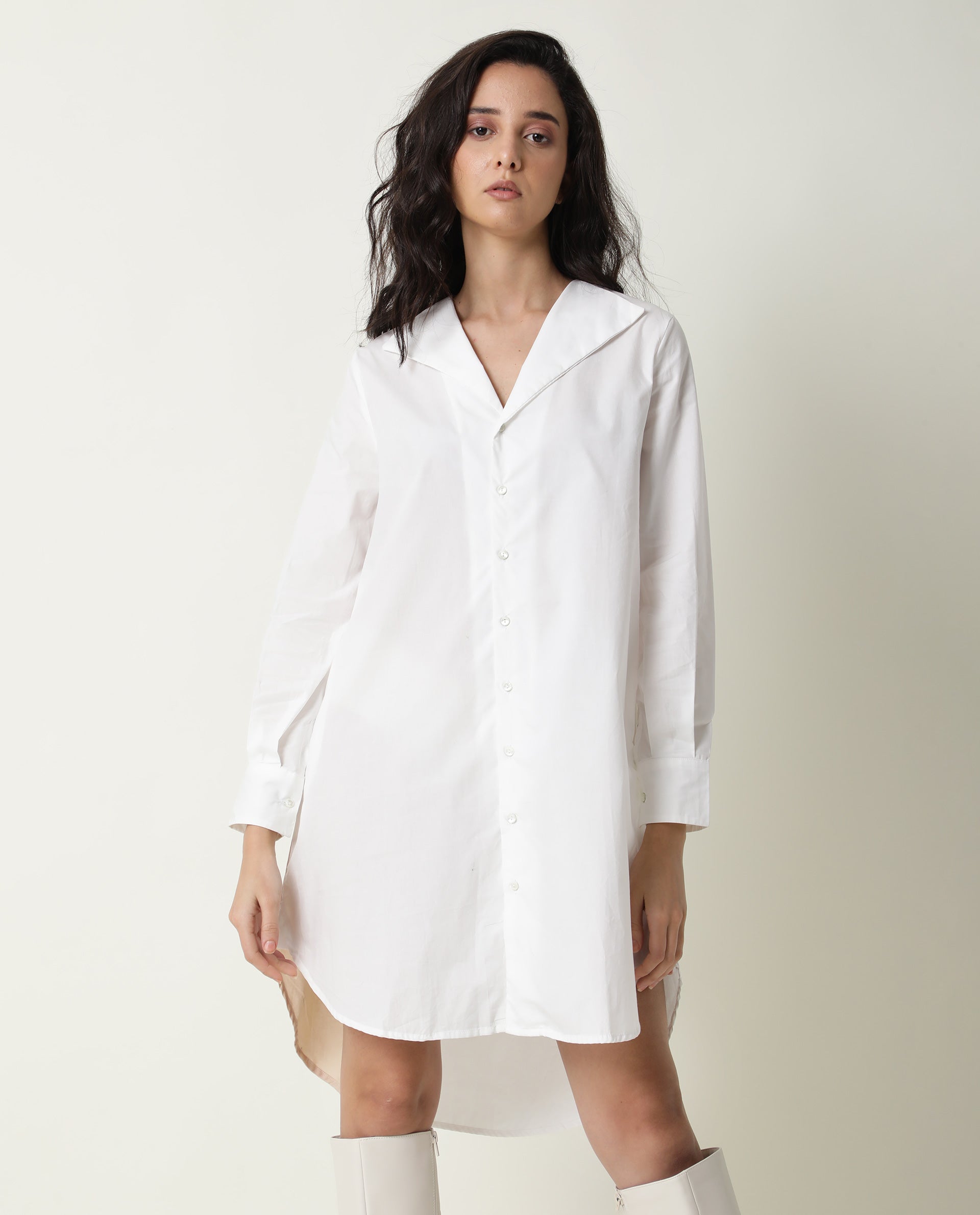 Rareism Women Tally White Cotton Fabric Full Sleeves Collared Neck Solid Short Dress