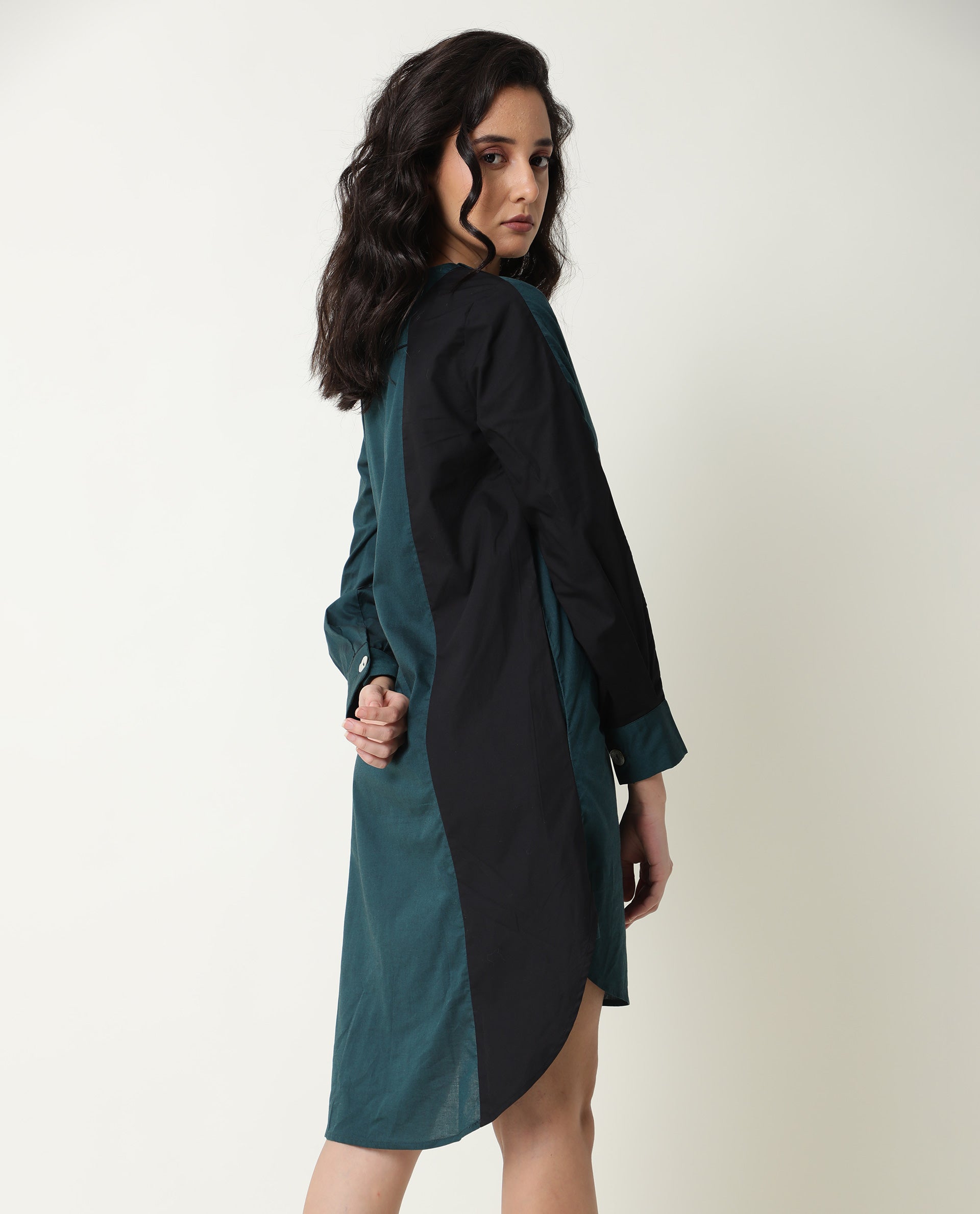 Rareism Women Tally Petrol Overlap Lapel Collar Full Sleeves Front Button Placket Pocket Asymmetrical Knee Length Dress