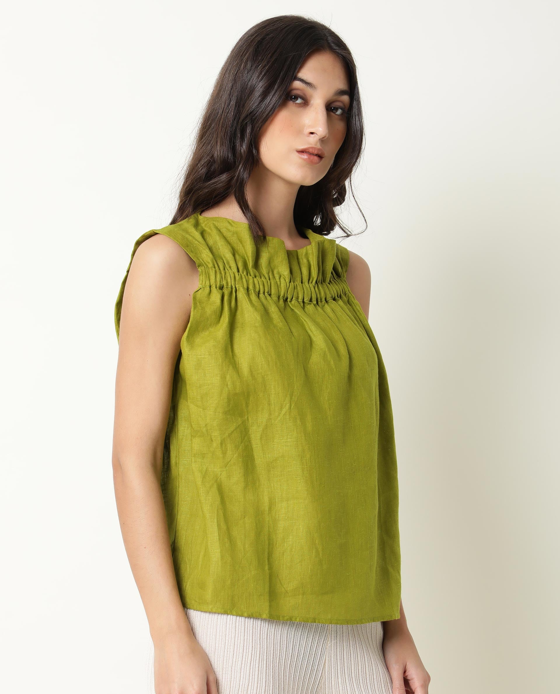Rareism Womens Flash Green Top Cotton Linen Fabric Regular Fit Sleeveless Ruffled Neck