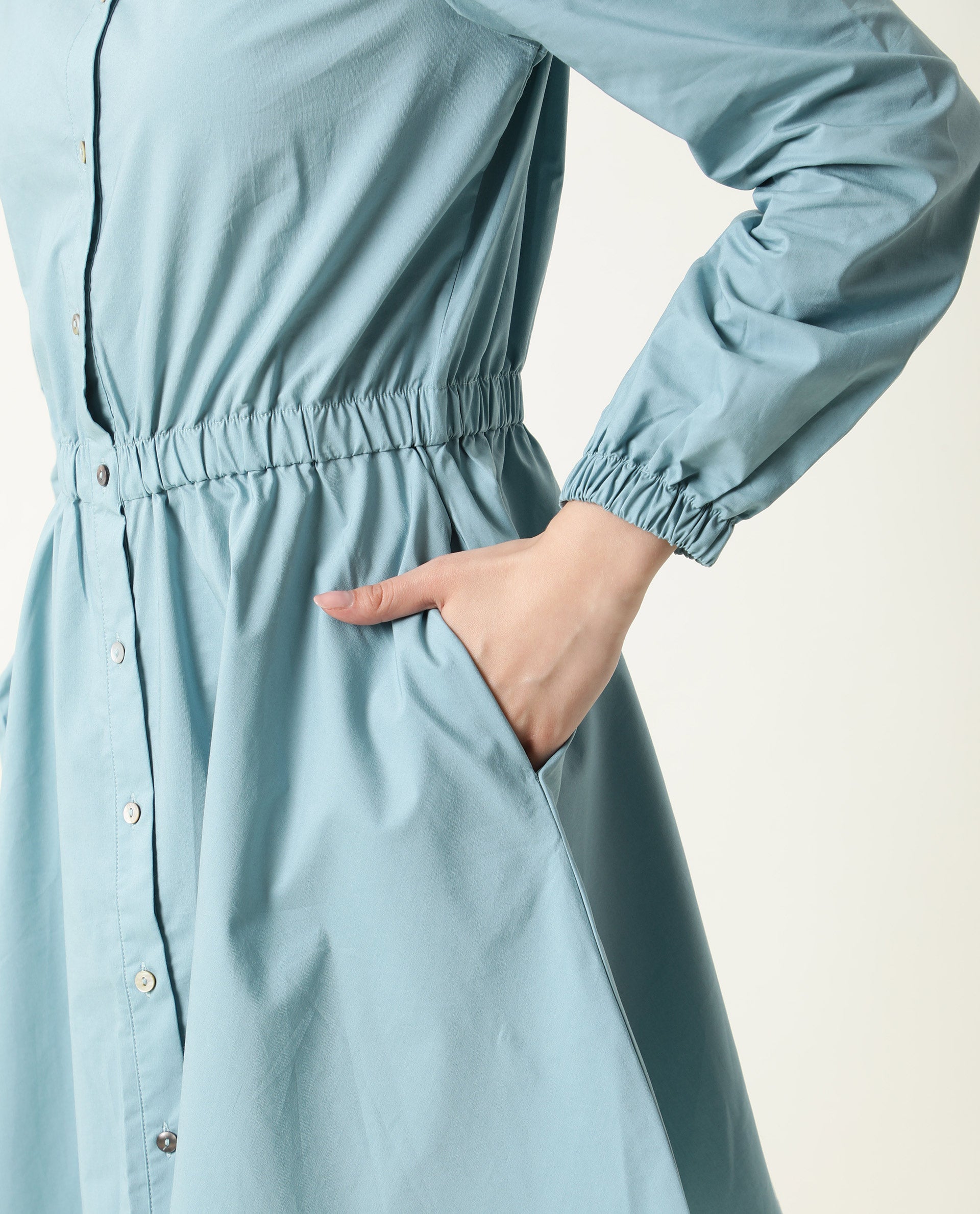 Rareism Women Darla Blue Mandarin Collar Full Front Button Closure Placket With Full Sleeves And Pocket Mini Dress