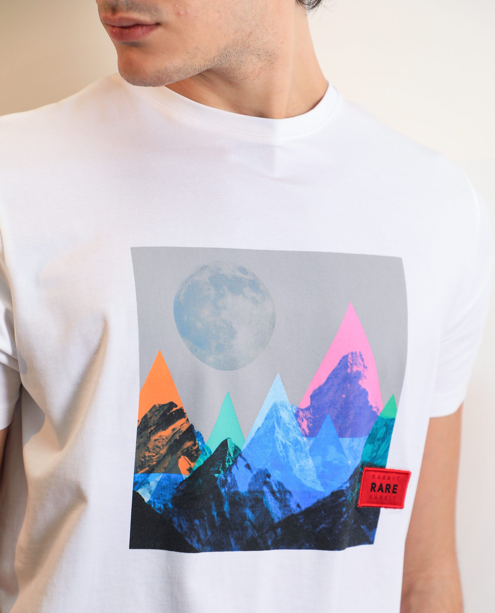 Rare Rabbit Men's Oden White Crew Neck Abstract Graphic Printed Half Sleeves Slim Fit T-Shirt
